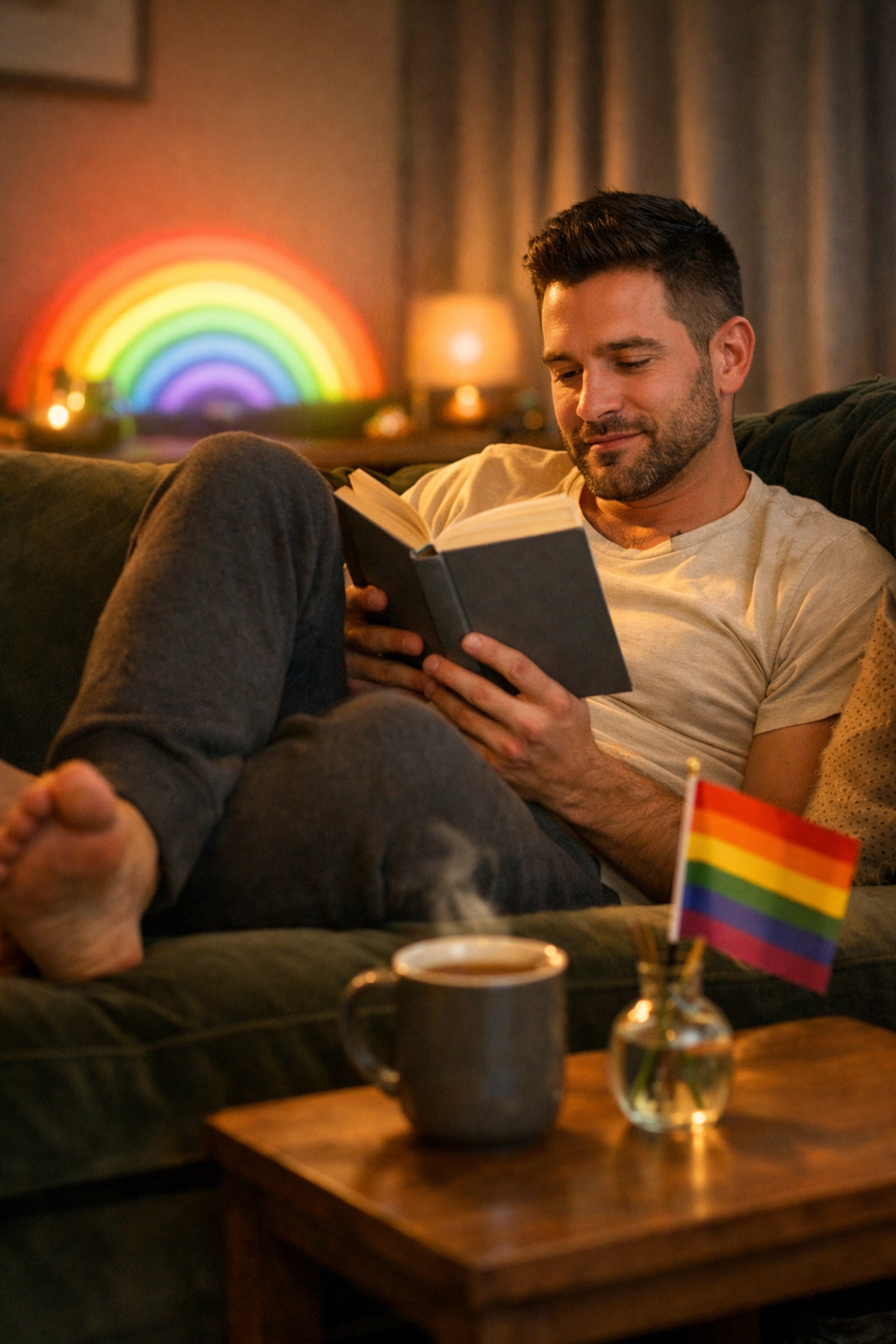 A gay man relaxing at home reading a book, illustrating the balance between a career and self-care.