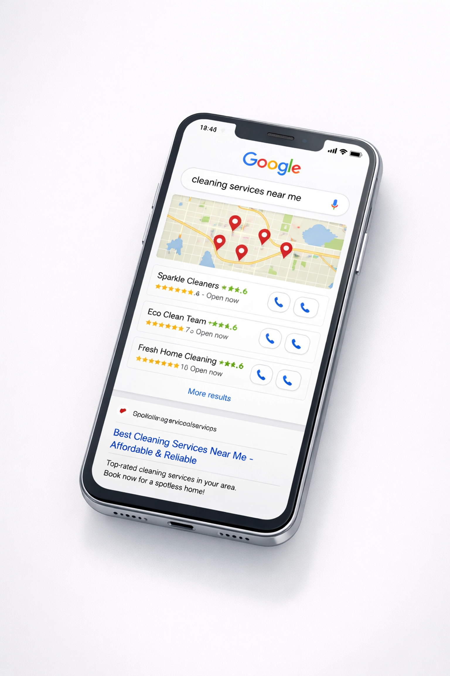 Mobile phone showing Google search results for cleaning services near me with map listings