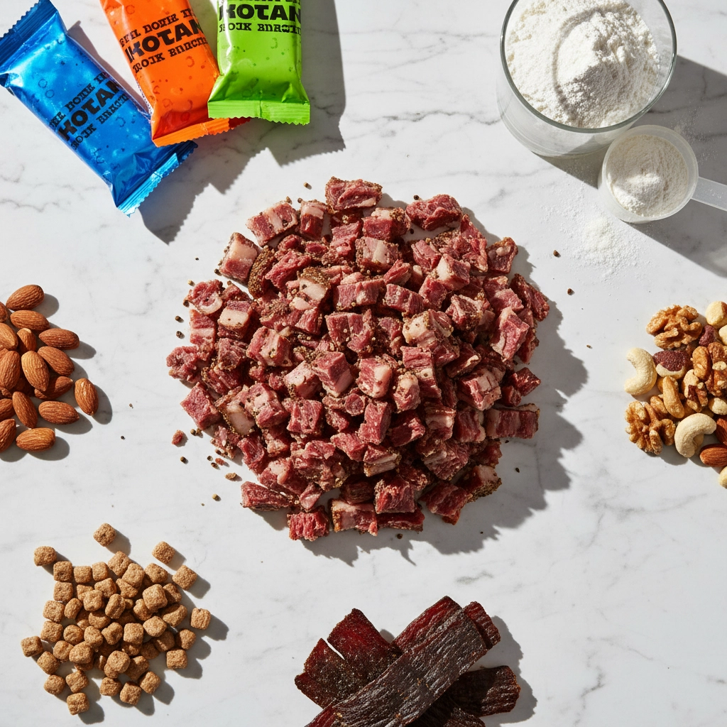 Healthy meat snacks, high protein snacks, biltong nutrition, beef slices close up, benefits of biltong