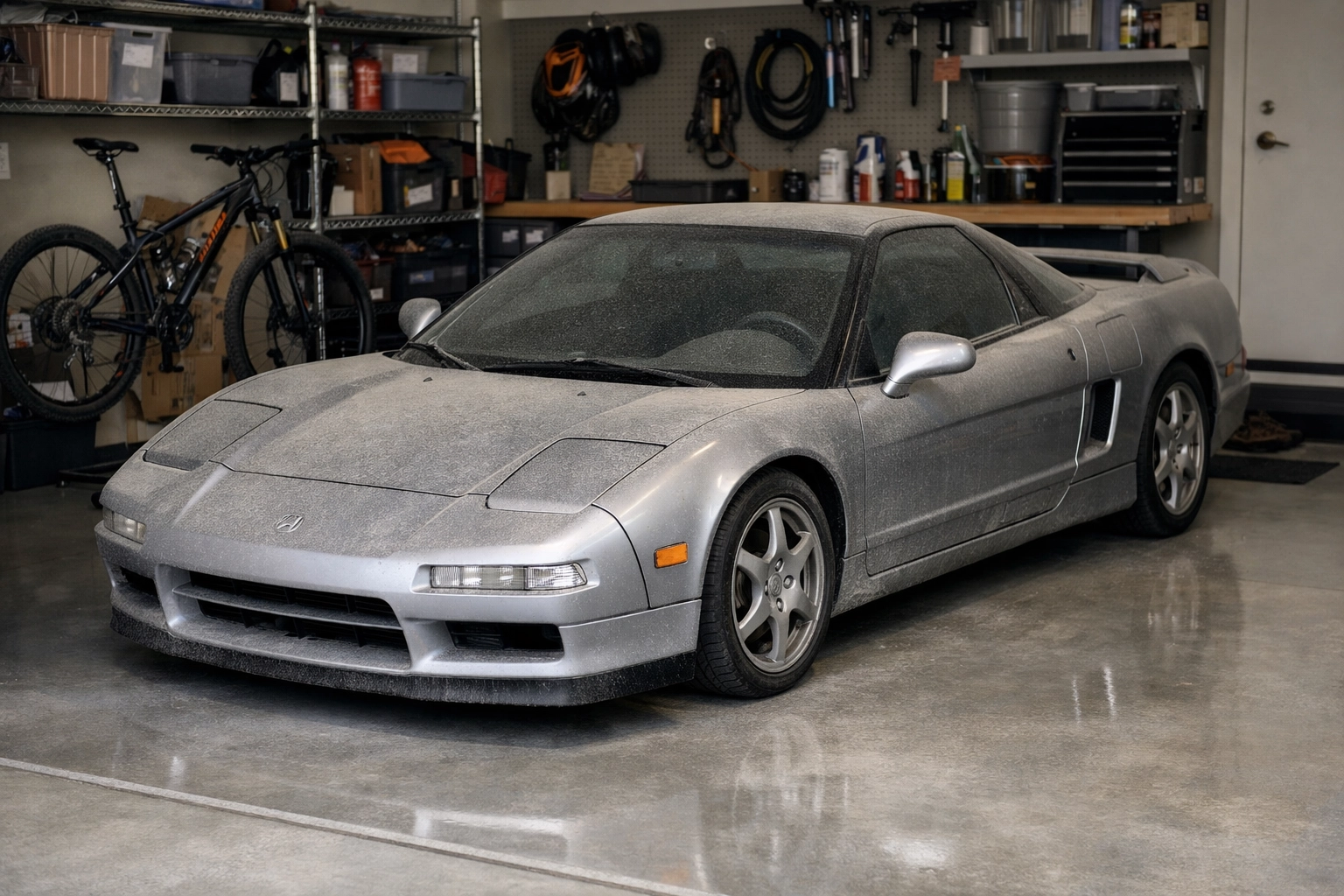 A dusty 1990s supercar stored in a Farmington garage, a modern classic car discovery in Connecticut.