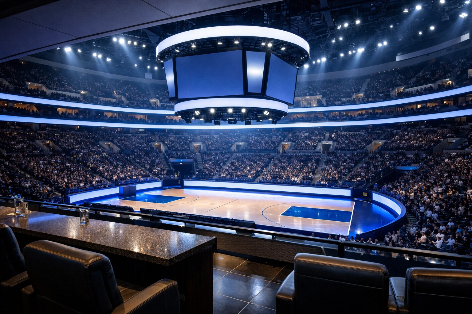 Professional sports arena showcasing digital media assets and strategic brand sponsorship placements.