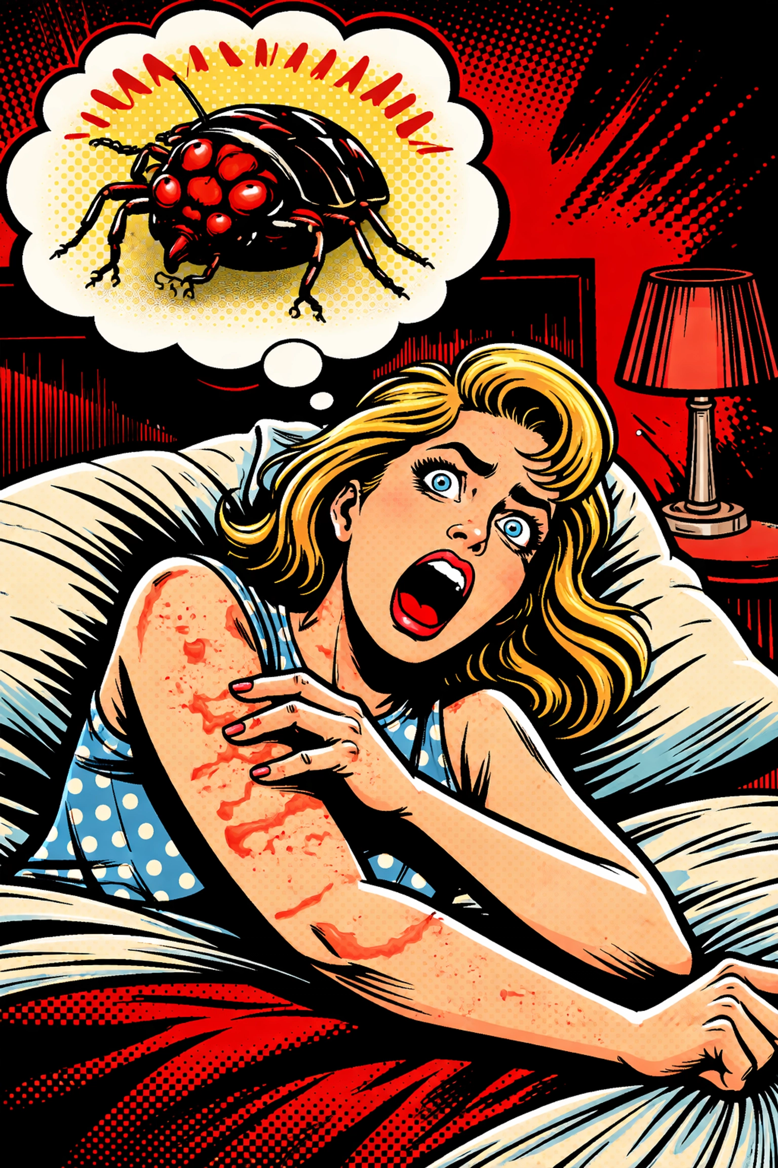 Woman scratching bed bug bites in bed at night, showing allergic skin reaction and panic in Alabama home