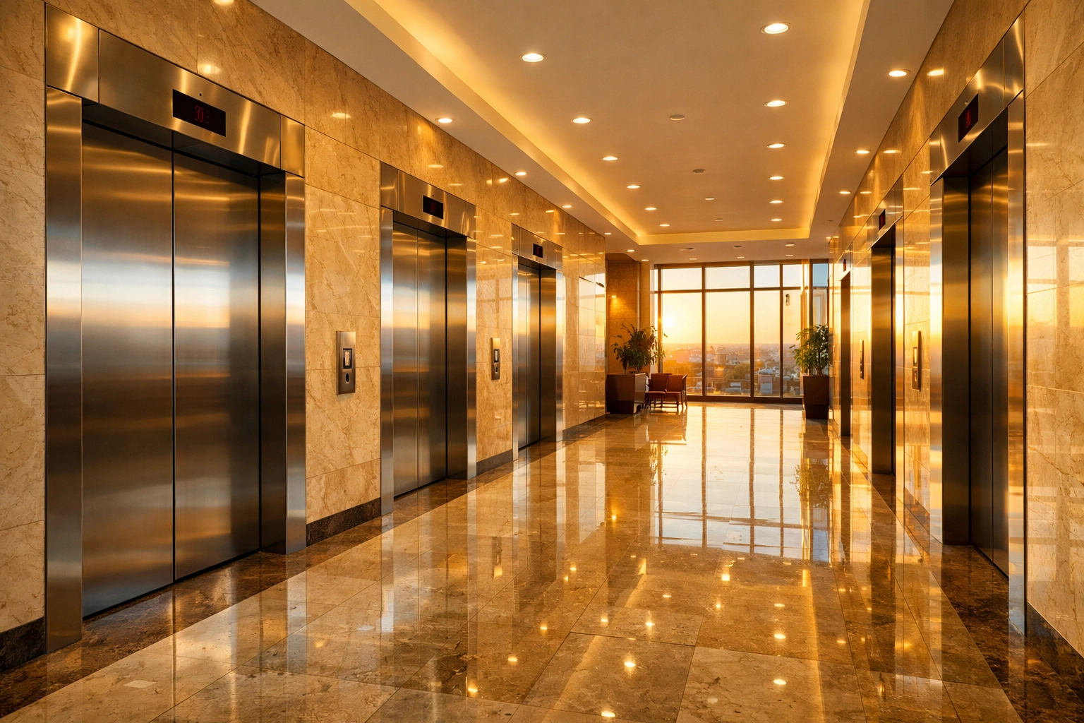 Professional commercial building elevator lobby with pristine stainless steel doors