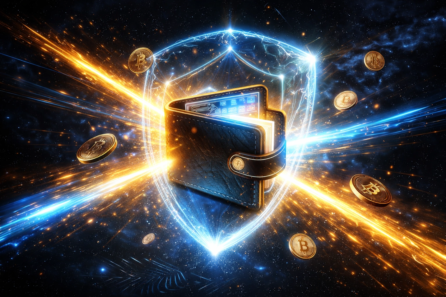 A glowing digital crypto wallet in space with flowing coins, symbolizing secure self-custody and direct payments.