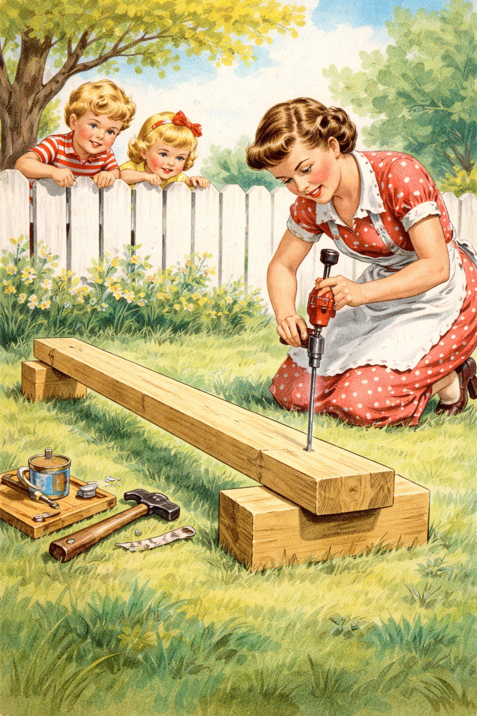 Mother and children assembling a wooden balance beam on green grass in the backyard for kids' gymnastics practice