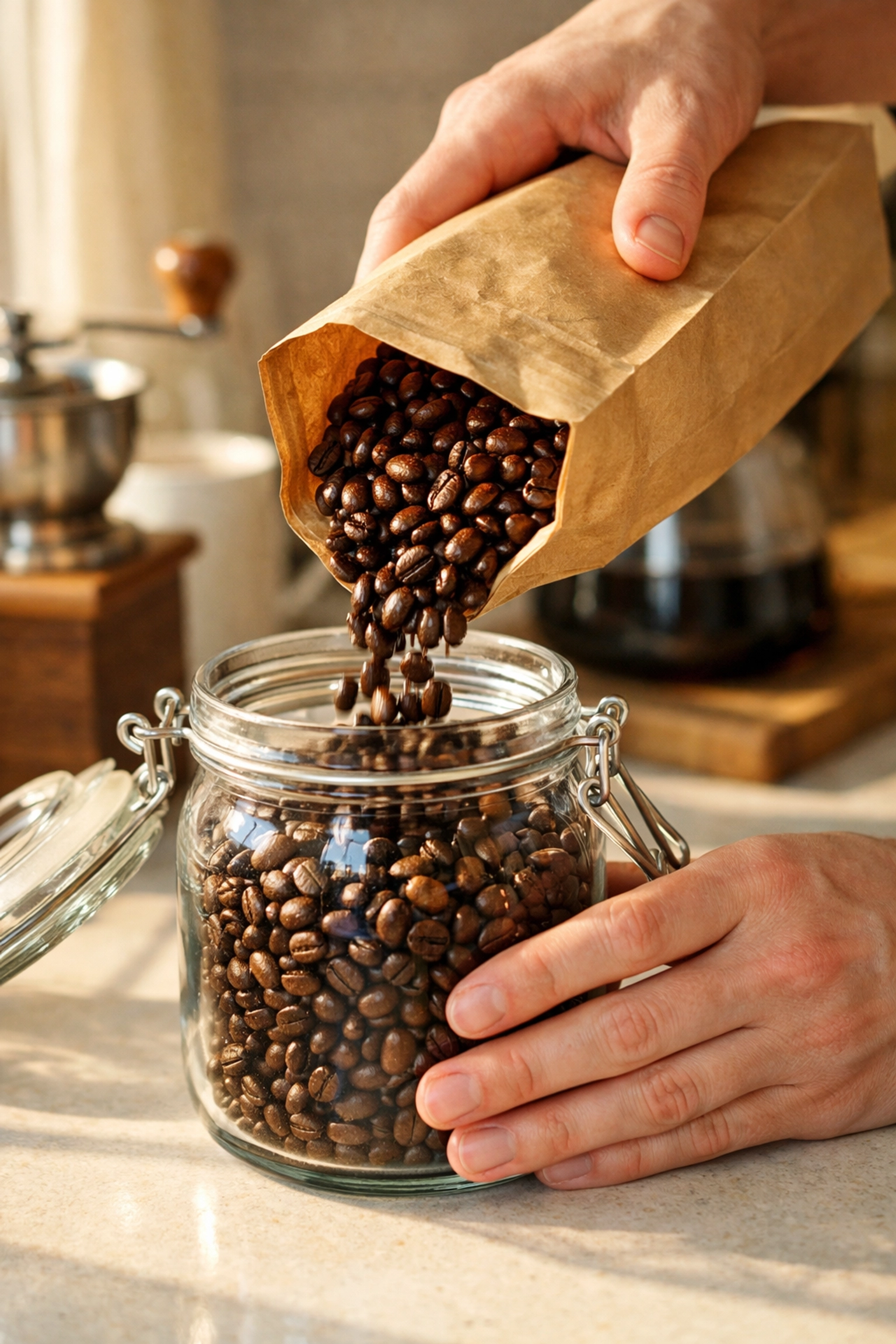 Pouring fresh whole coffee beans into storage jar for optimal batch brewing quality