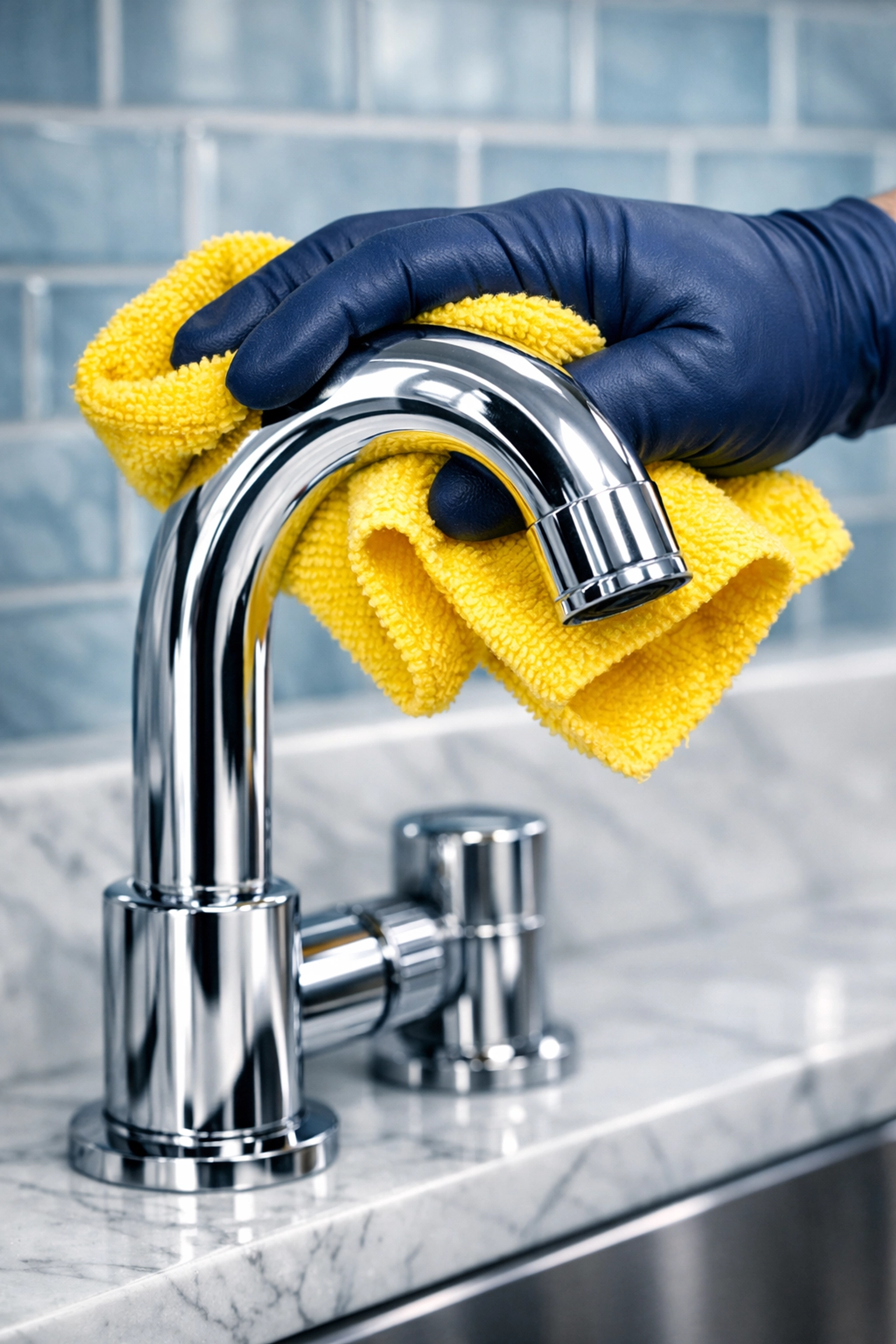 Detail of professional maid service Worcester team member cleaning a high-end kitchen faucet.