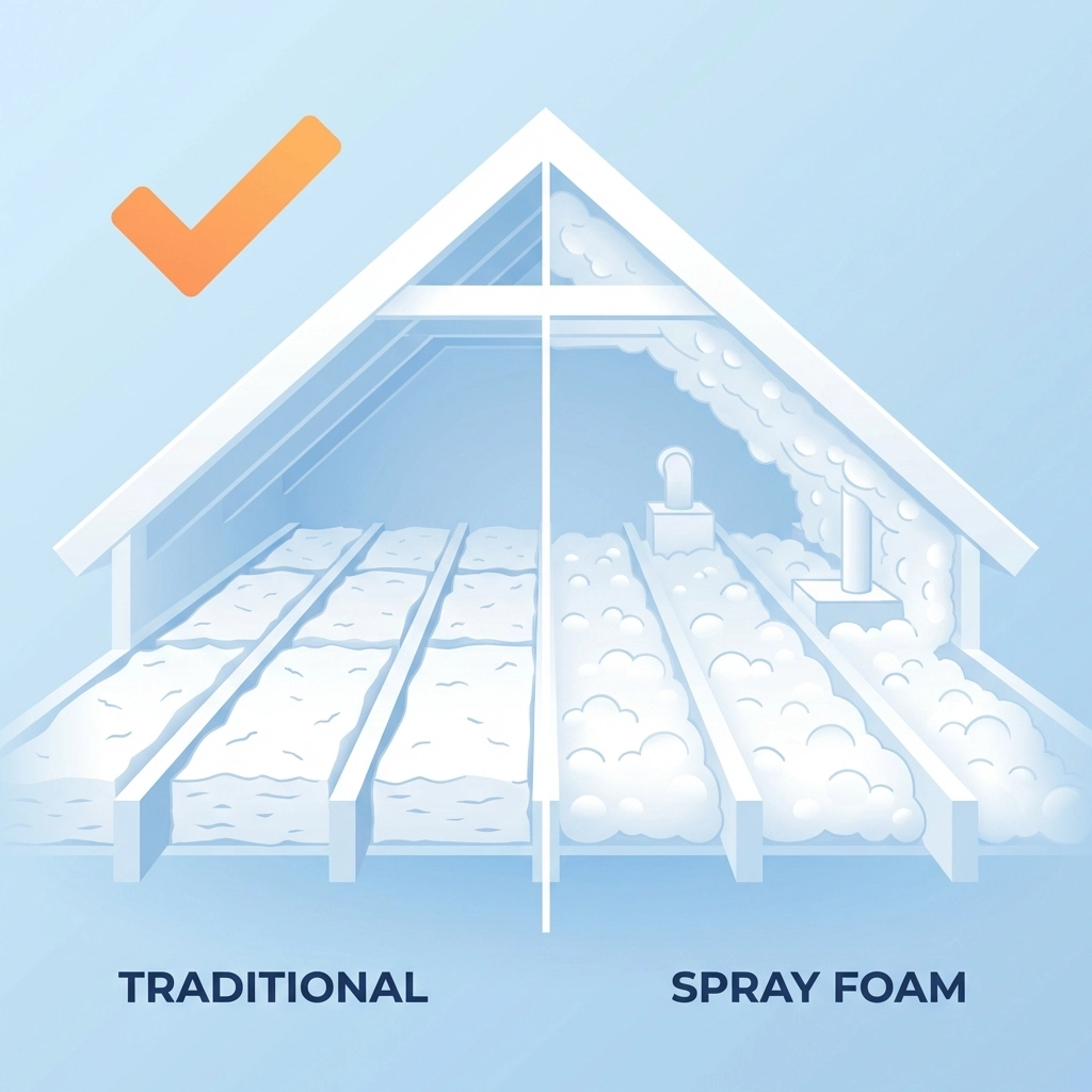 Side-by-side visual comparison of traditional mineral wool versus spray foam insulation in lofts