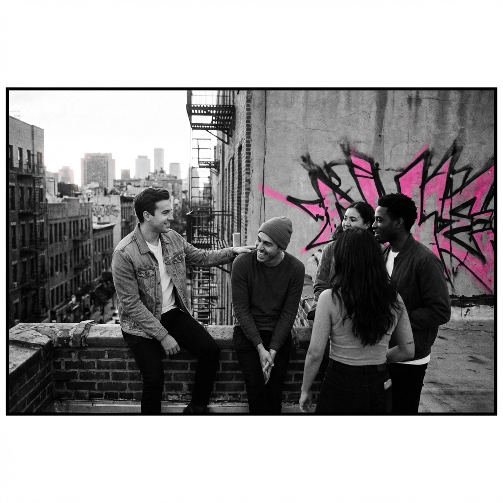 Diverse young adults offer support in a city scene, promoting mental health dialogue and pop culture news.