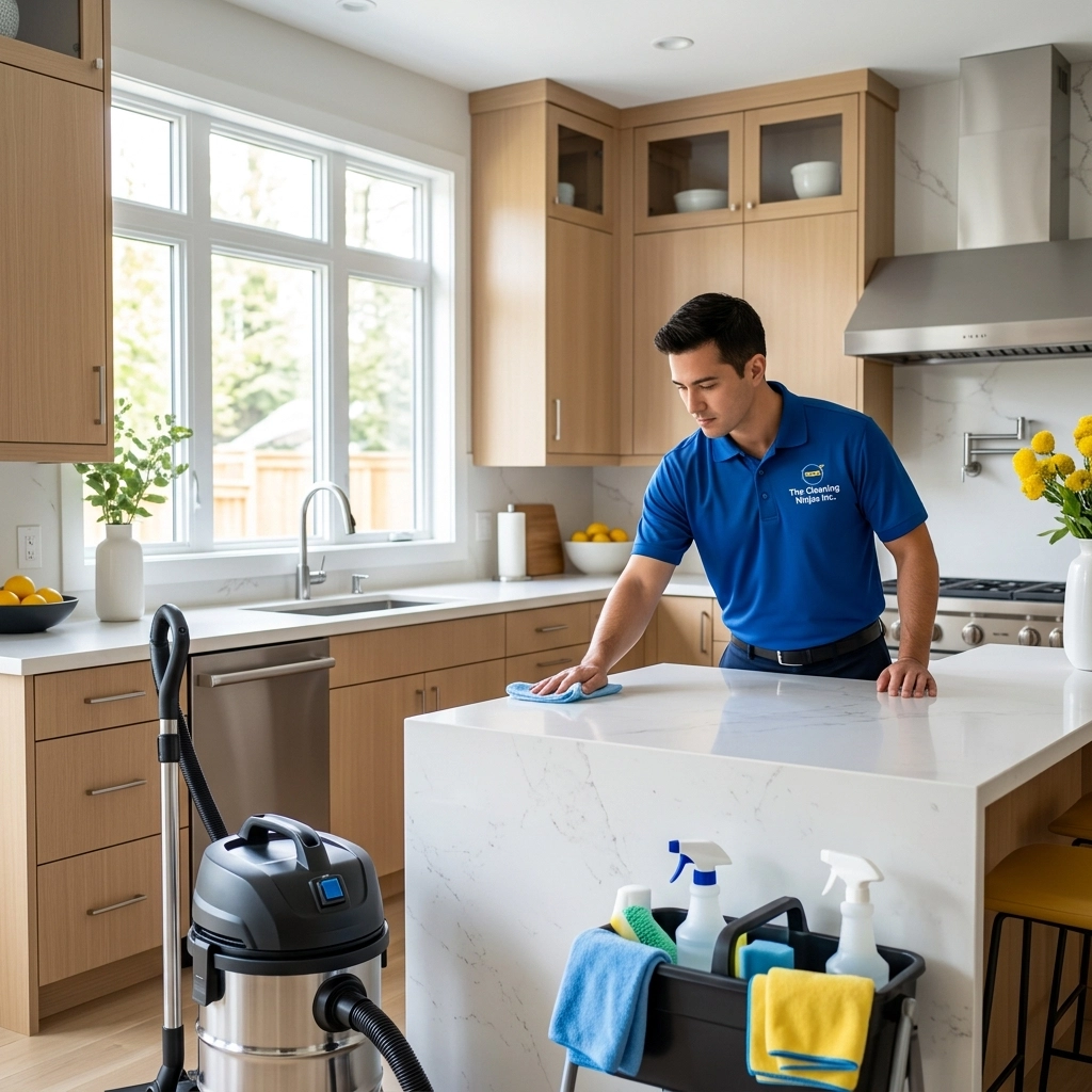 A sparkling clean modern kitchen in Massachusetts after a professional weekly house cleaning service. Professional cleaner performing weekly house cleaning tasks in a modern living room. Alt: A professional ninja-style cleaner providing weekly house cleaning services in a Massachusetts home.