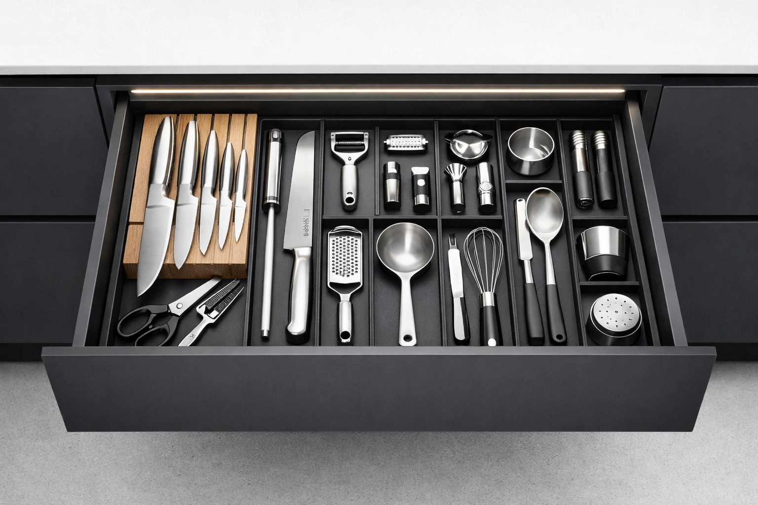 Functional kitchen drawer with integrated LED lighting to eliminate shadows and improve visibility.