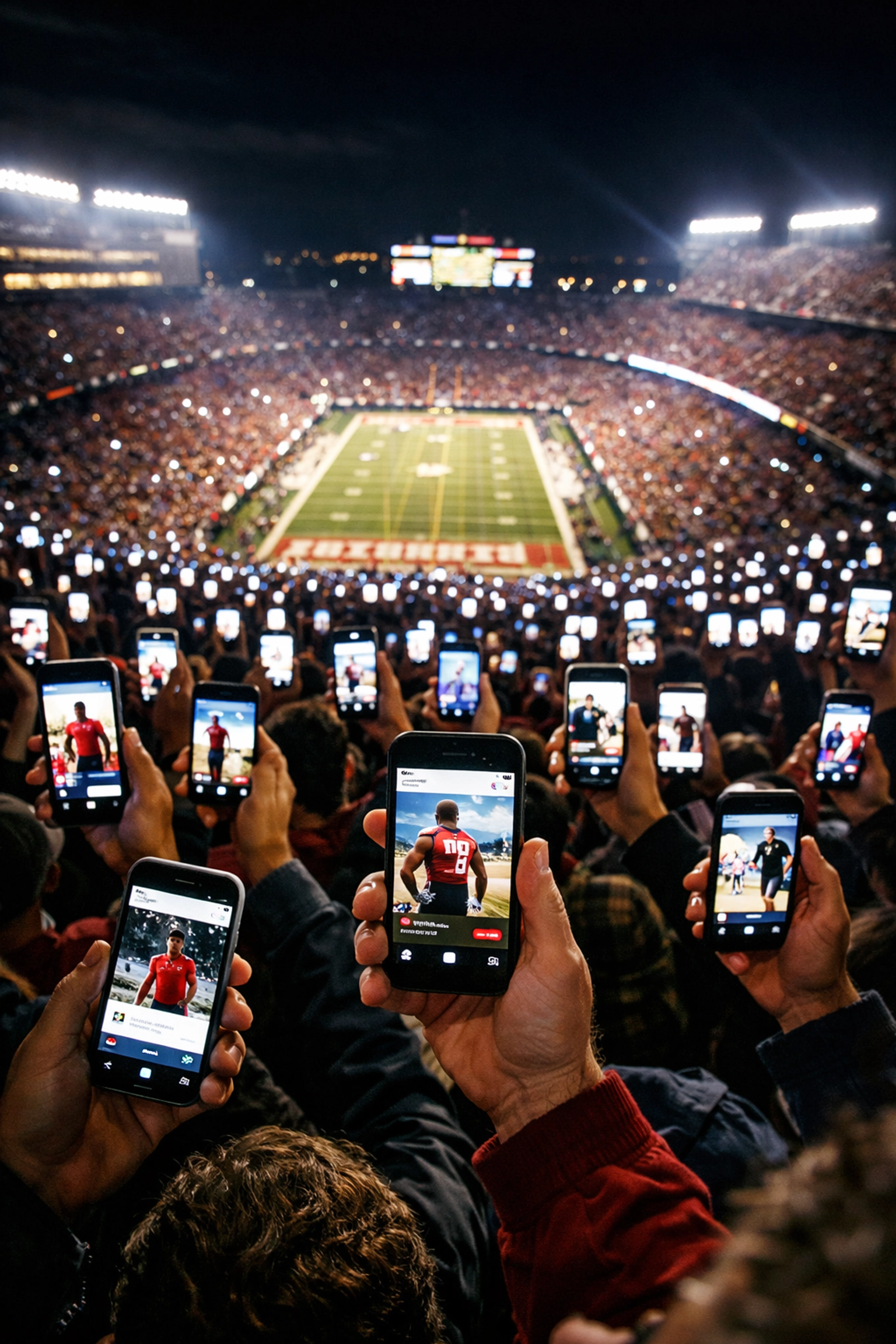 Stadium crowd holding smartphones viewing NIL athlete social media content