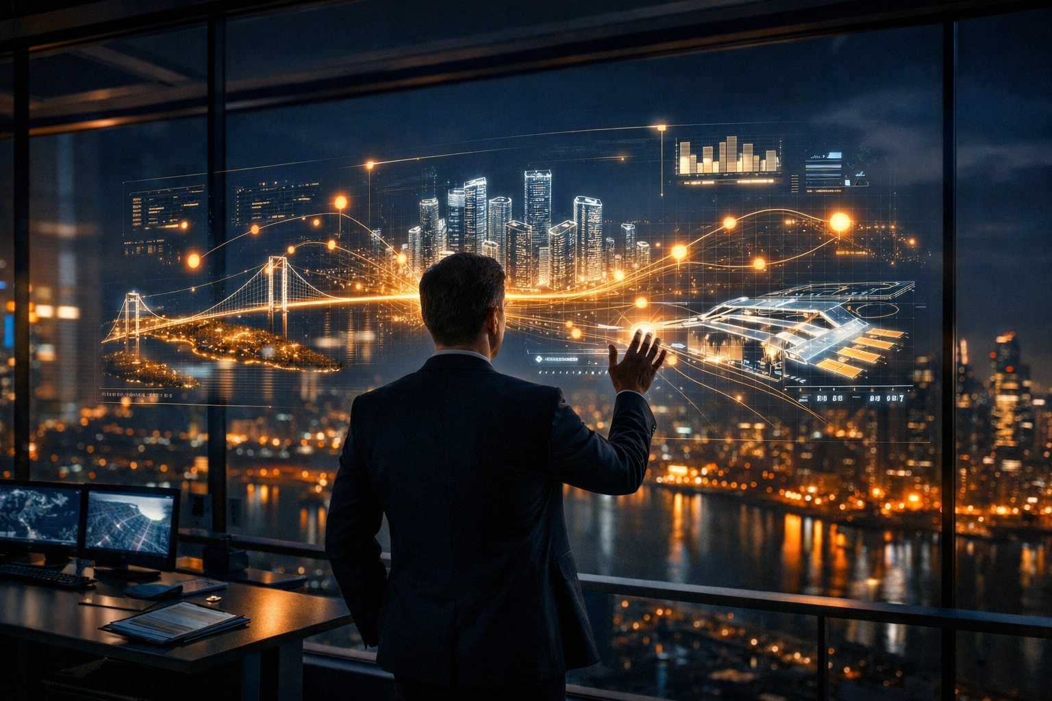 Project manager analyzing a digital dashboard for high-stakes urban infrastructure management in 2026.