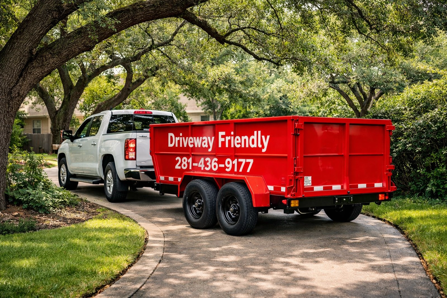 Driveway-friendly mobile dumpster rental being positioned in a narrow Houston residential driveway.