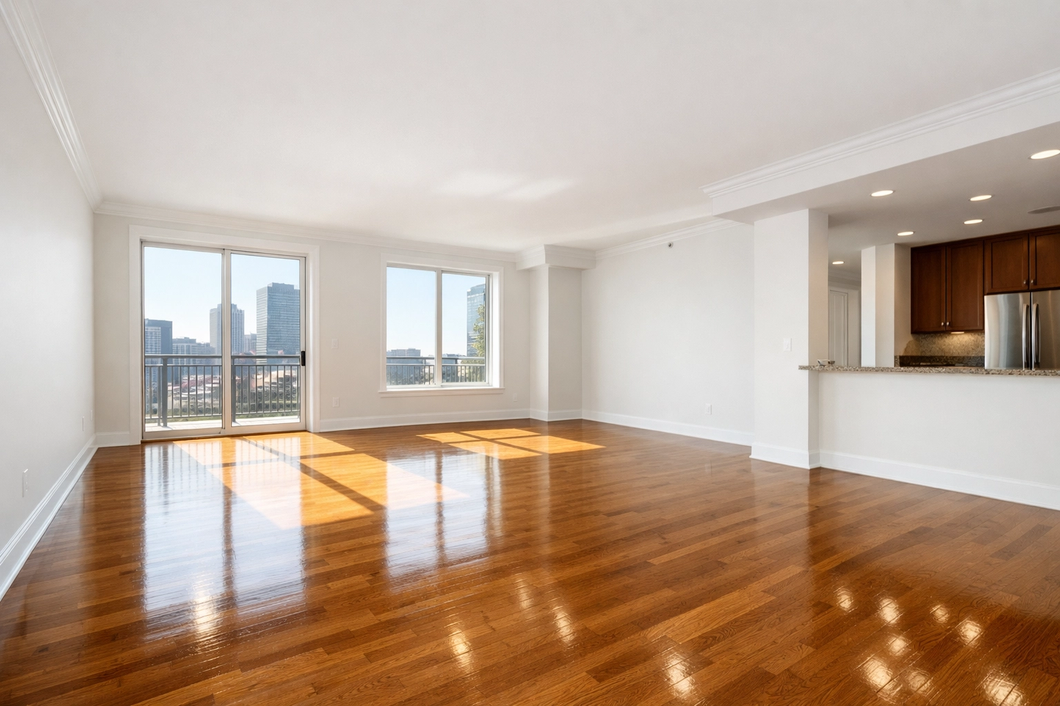 Sun-drenched Indianapolis apartment living room prepared for new tenant move-in.