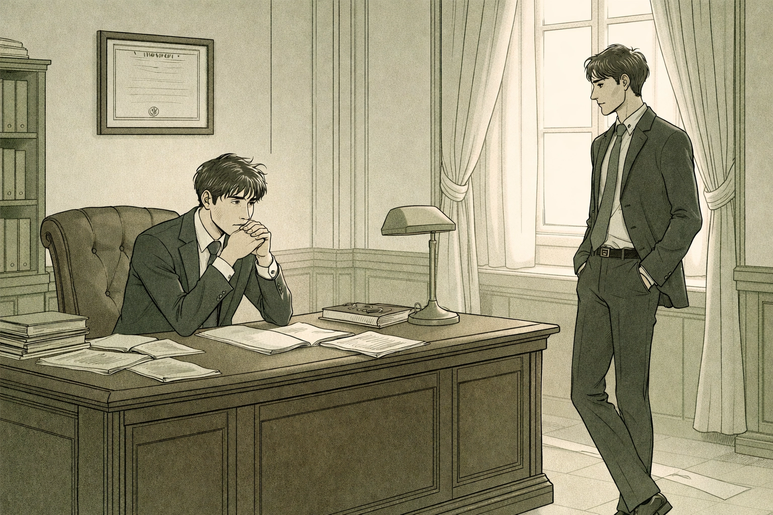 Two men in formal attire share a tense moment in a university office, highlighting hidden gay romance and internal conflict.