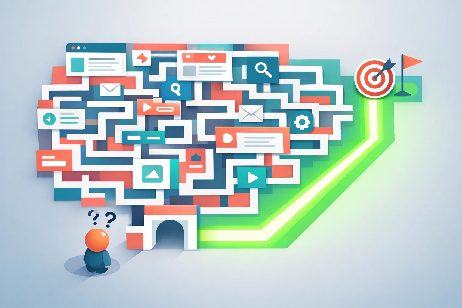 Confusing website navigation maze vs clear path for better Chattanooga web design conversions