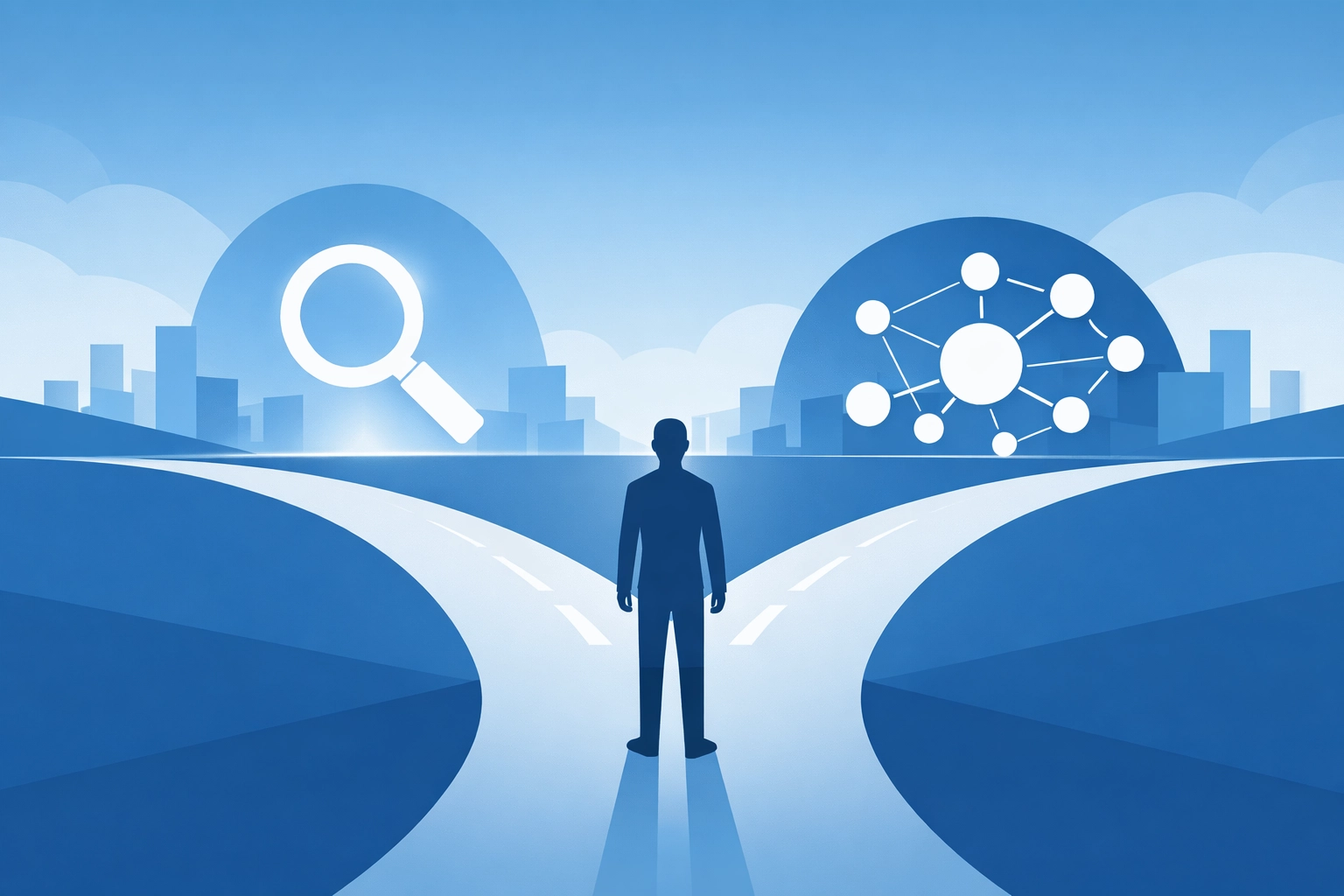 Illustration of a business decision between choosing Google Ads or Meta Ads for digital marketing.