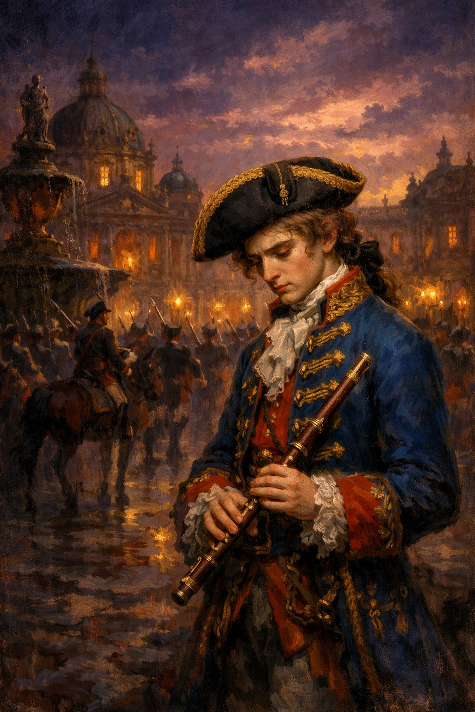 Young Frederick the Great holds flute in Prussian palace courtyard amid military drills