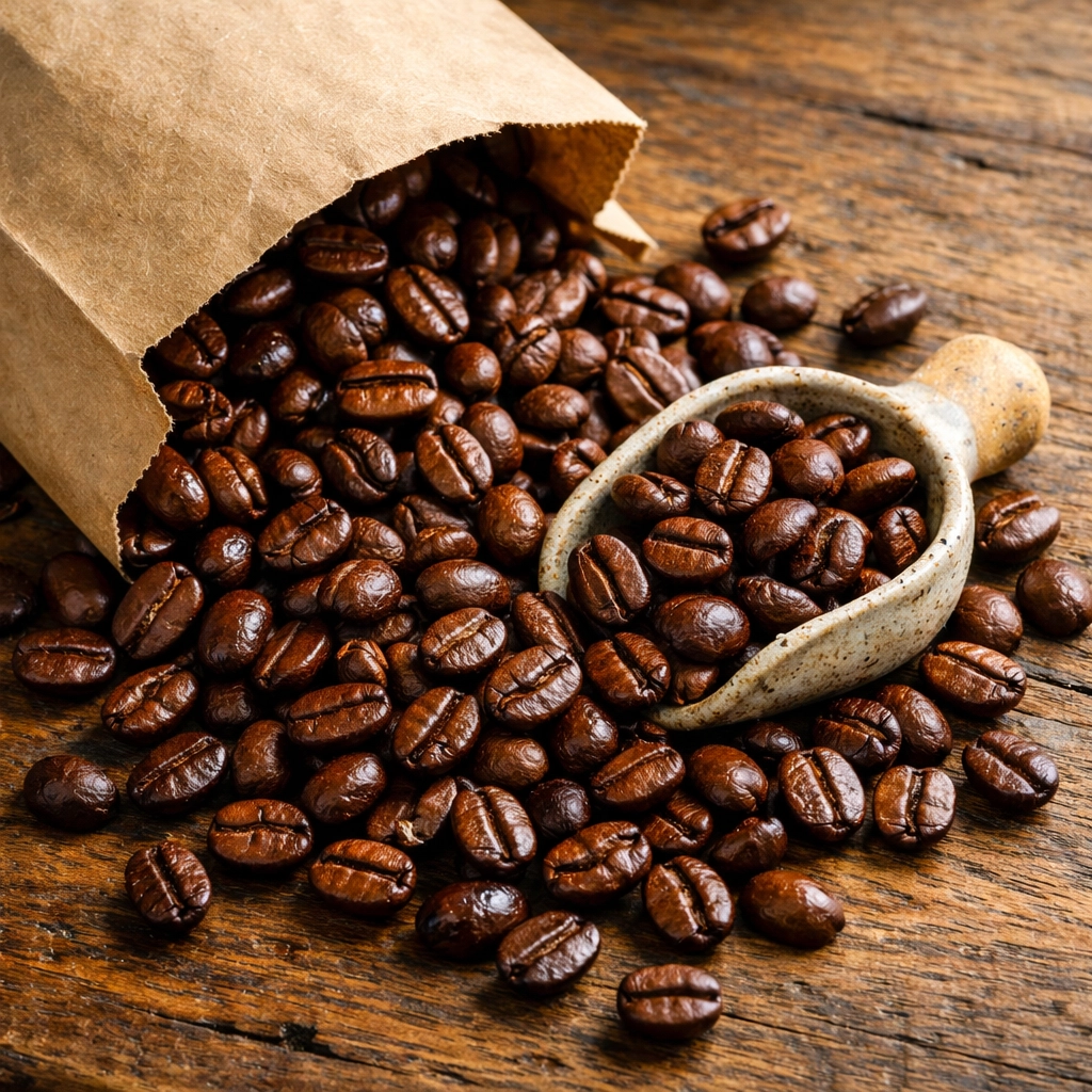 Freshly roasted coffee beans spilling from a bag, showing why fresh beans matter for home brewing