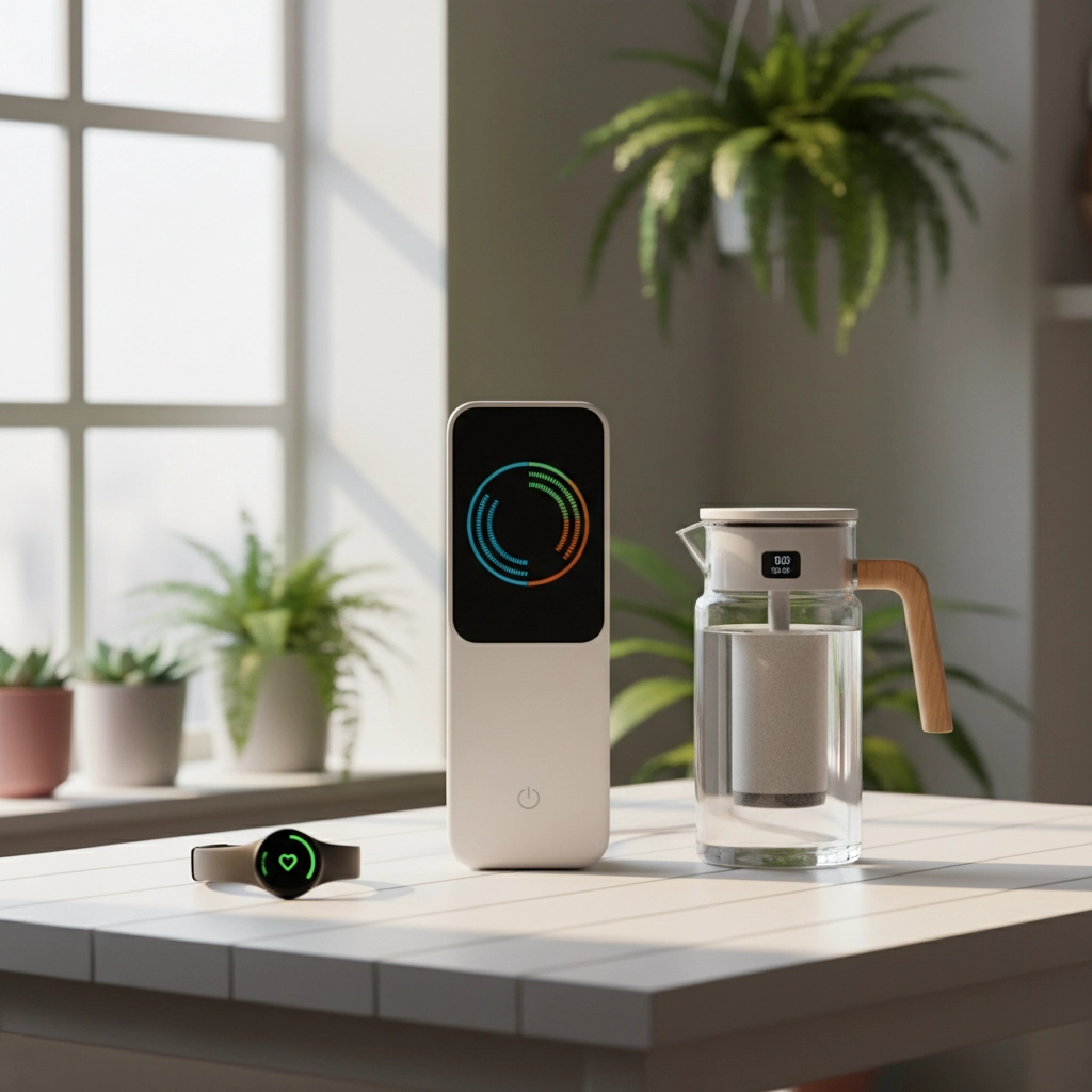 Smart devices on a table: a sleek gadget with colorful display, a fitness tracker showing a heart, and a water pitcher. Sunlit room, plants.