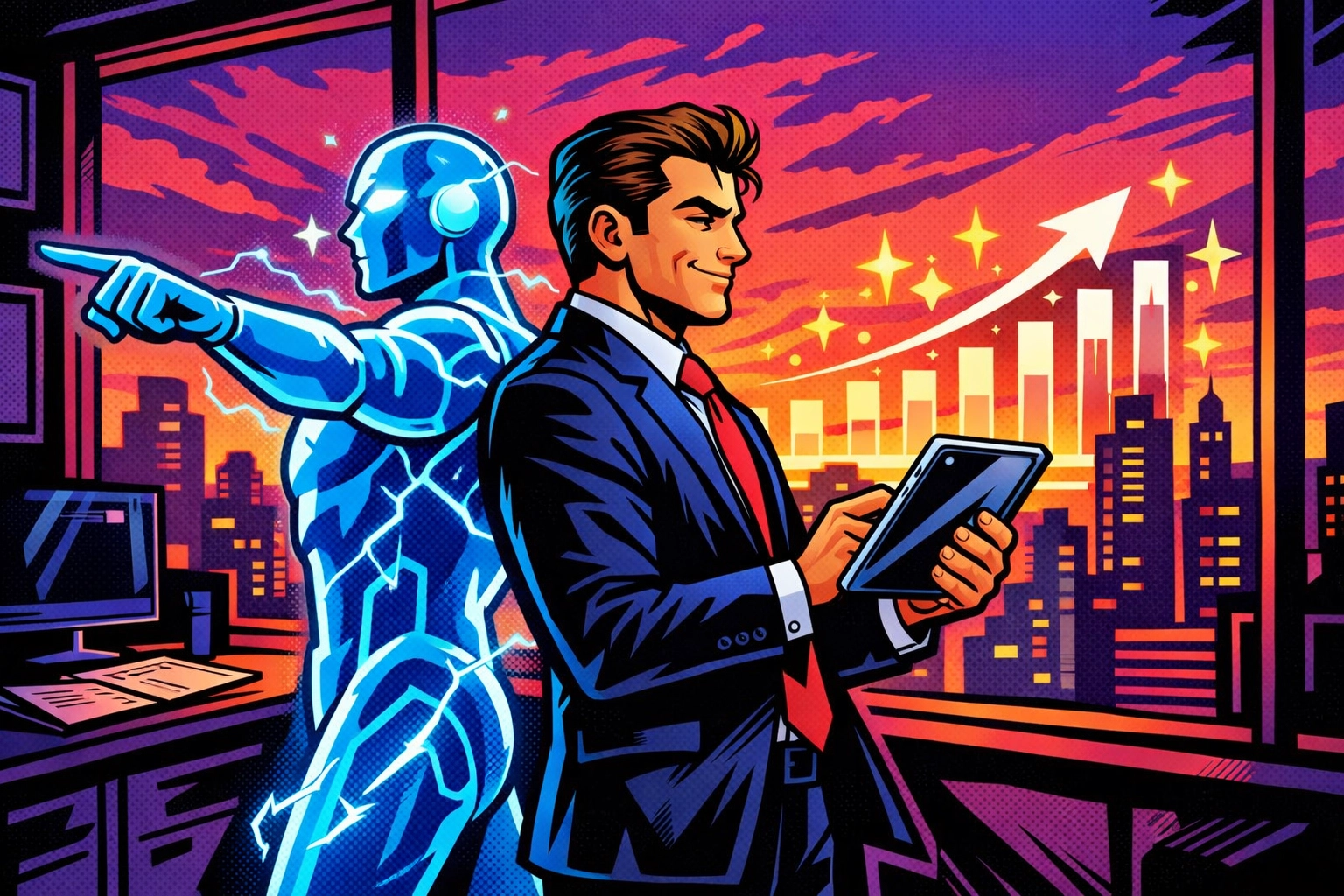 An entrepreneur partnering with an AI virtual assistant for business to scale growth and efficiency.