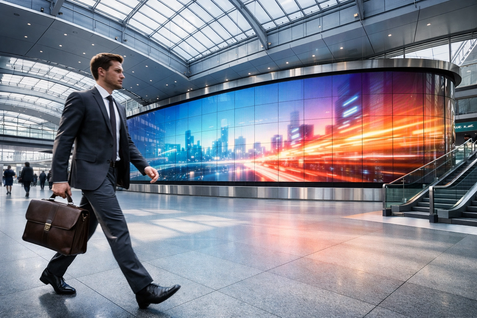 Professional commuter walking past a large-scale digital DOOH display in a modern Munich transit hub.
