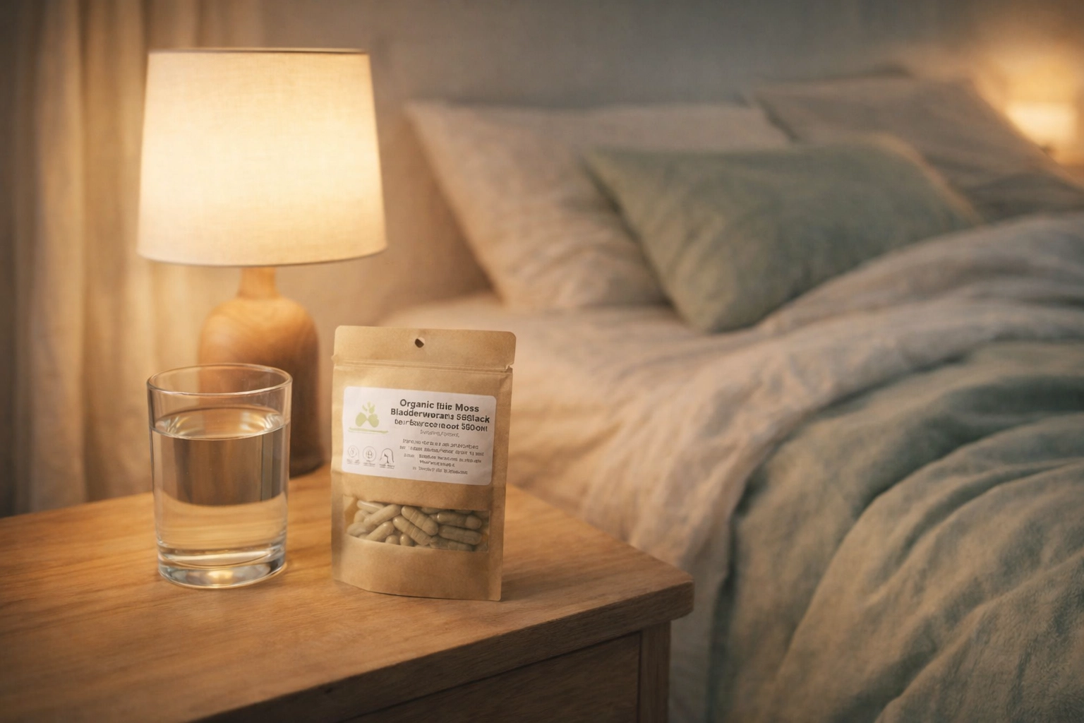 A serene and naturalistic scene of a peaceful bedroom at dusk with herbal supplements on a nightstand.