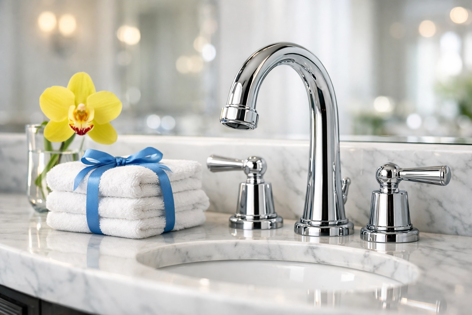 Polished luxury bathroom vanity highlighting detail-oriented residential cleaning Massachusetts.