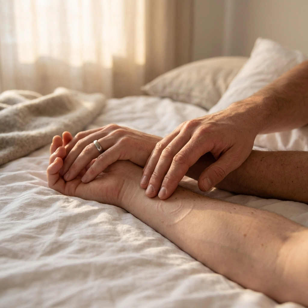 Hands of gay couple intertwined on bedsheets showing tender post-intimacy connection in MM romance