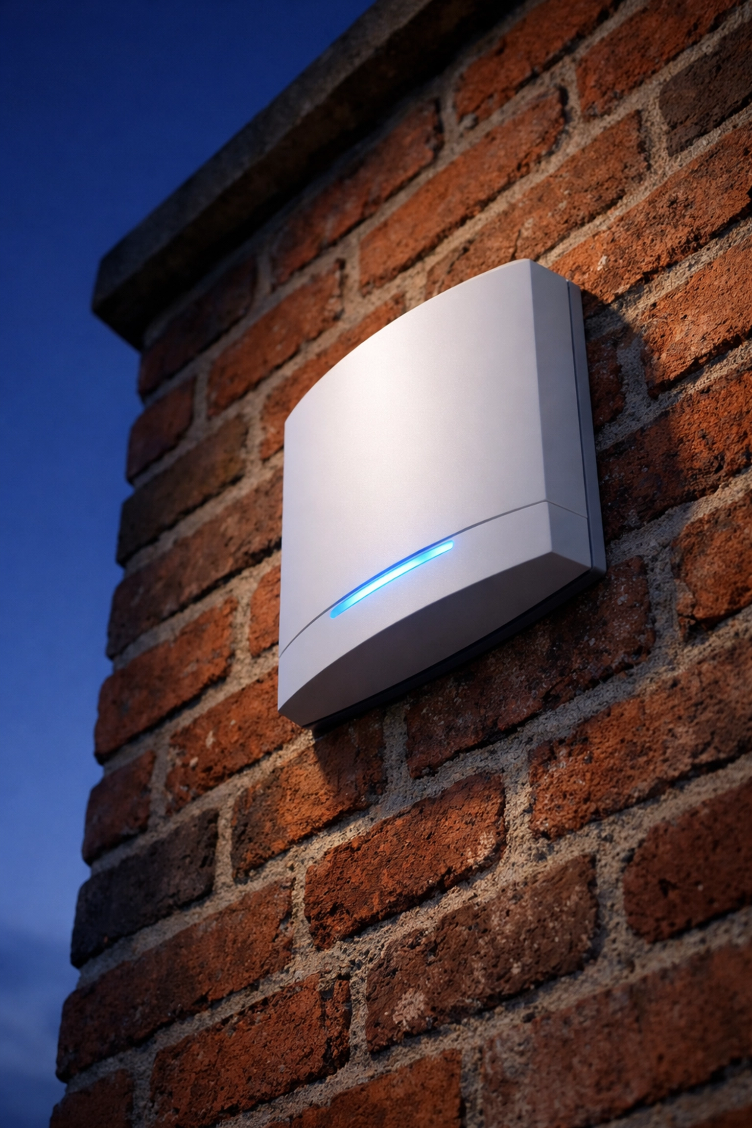 A modern white intruder alarm box mounted on a traditional red-brick wall in Odiham at twilight.