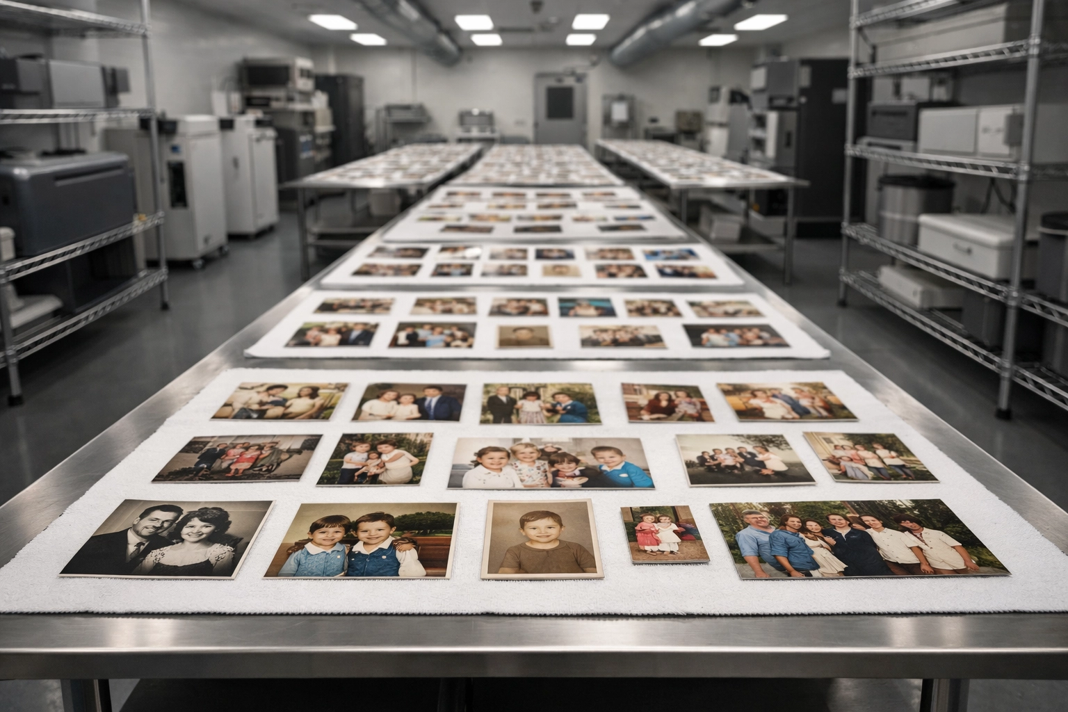 Document drying services in Louisiana showing water damaged photos being restored in a climate controlled room.