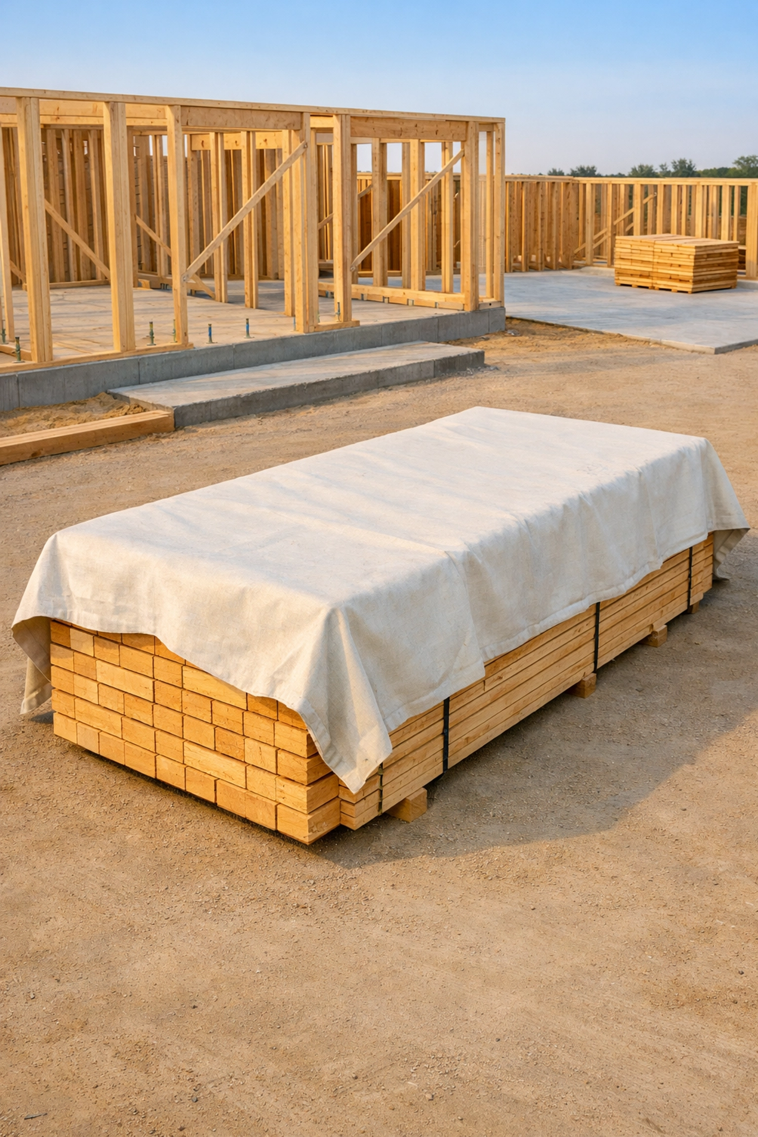 Organized custom home building site in Columbia SC with neatly stacked lumber and a swept foundation.