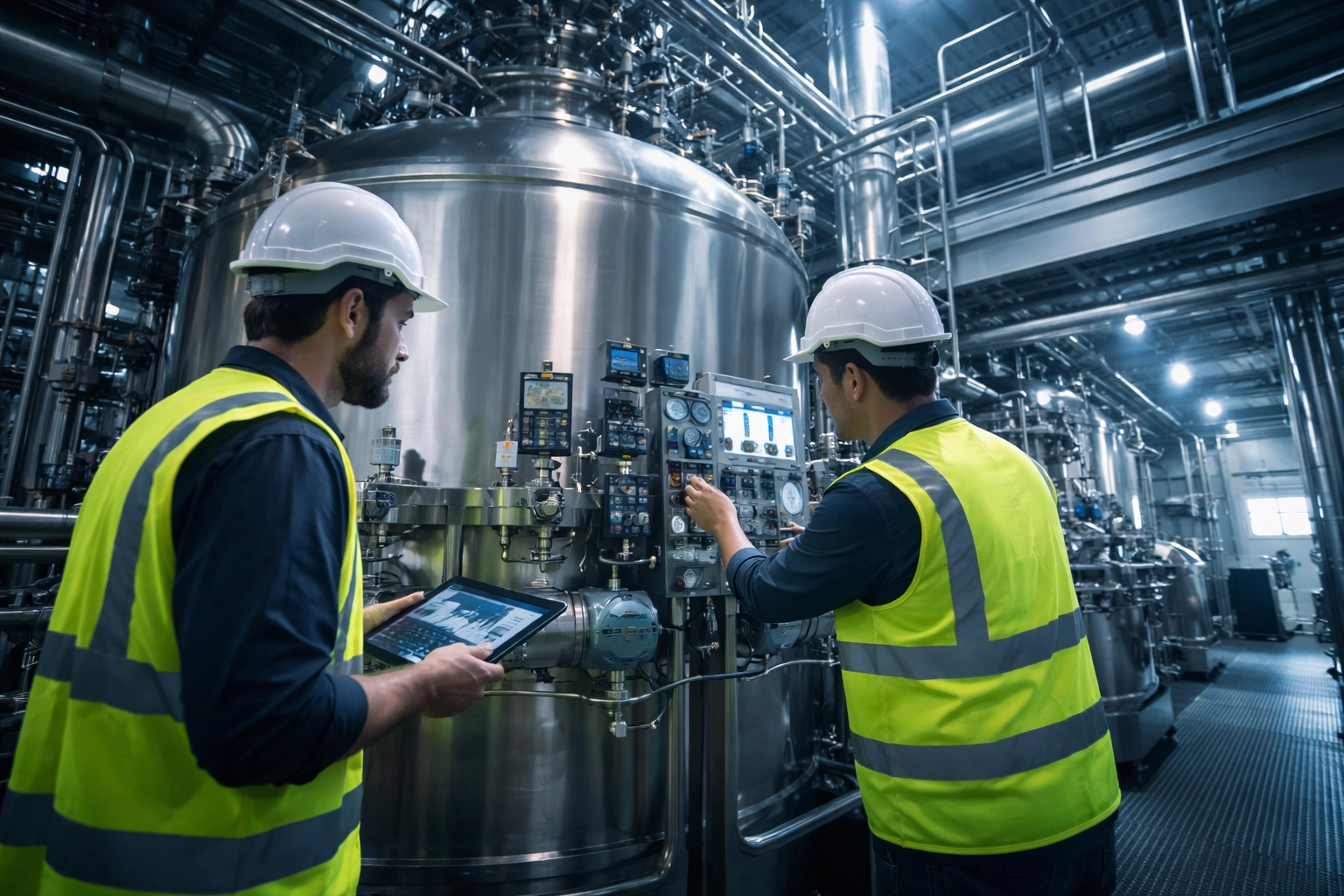 Automation engineers commissioning a large industrial plant with advanced instruments, sensors, and control systems