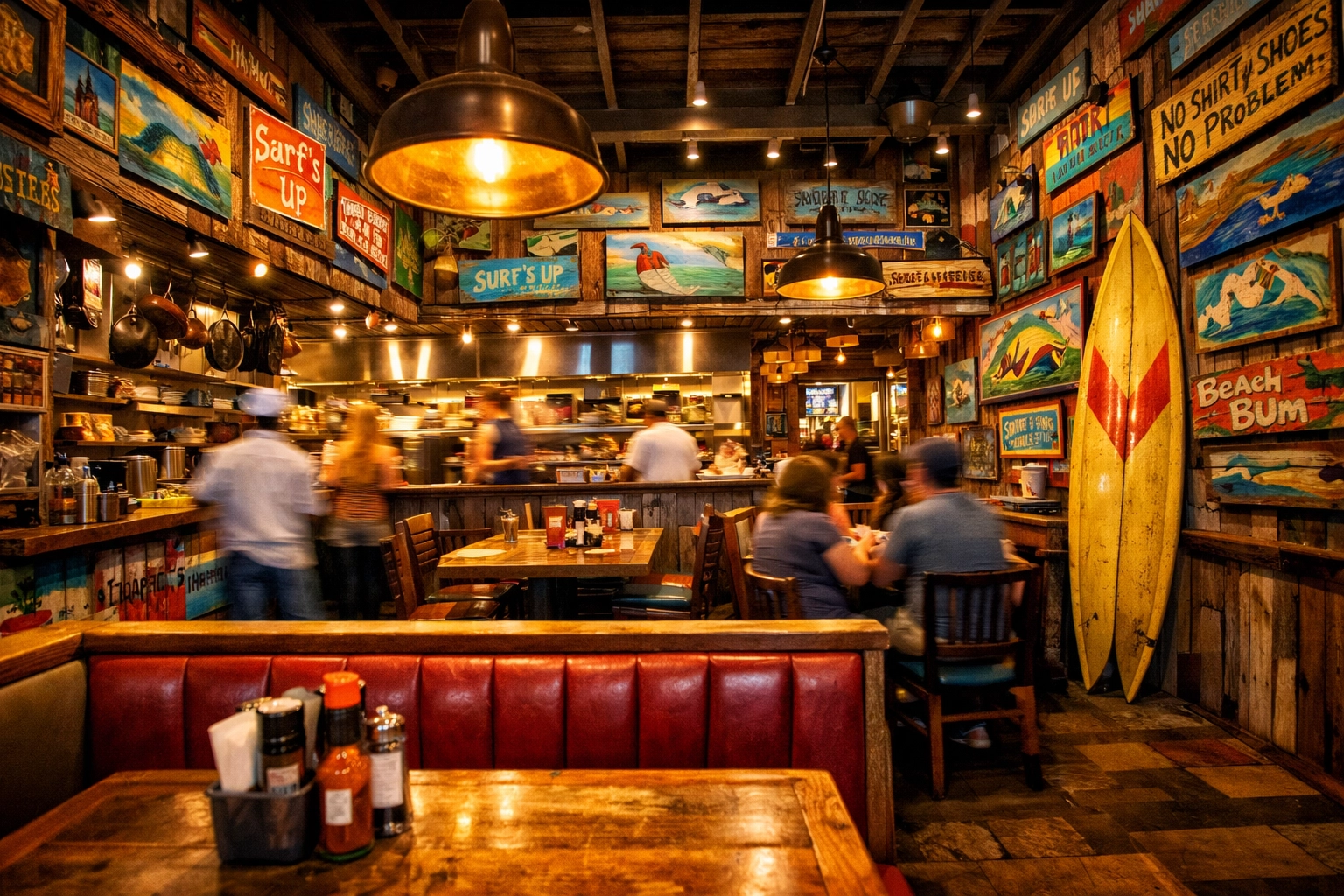 Eclectic interior of Little Moir’s Leftovers featuring local surf art and vibrant coastal decor.