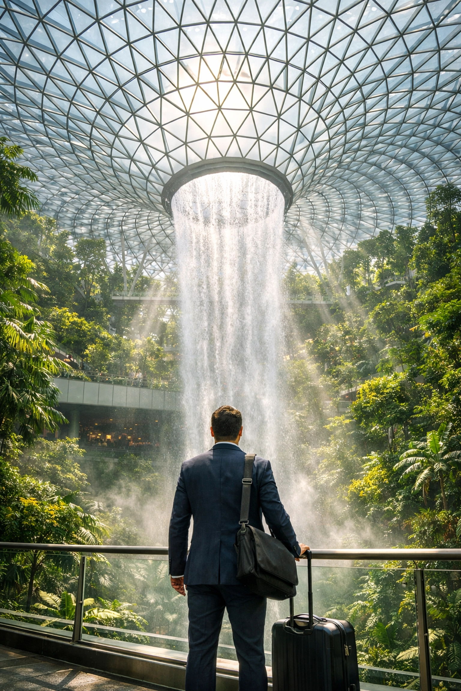 A traveler at Jewel Changi Airport's rain vortex fountain to help reset their biological clock.