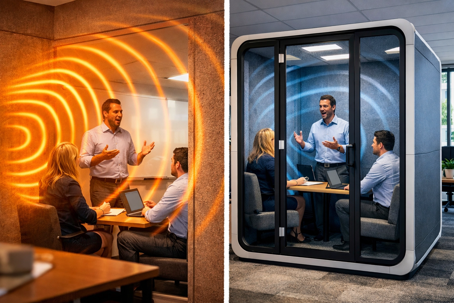 Soundproofing comparison between traditional conference room and acoustic pod