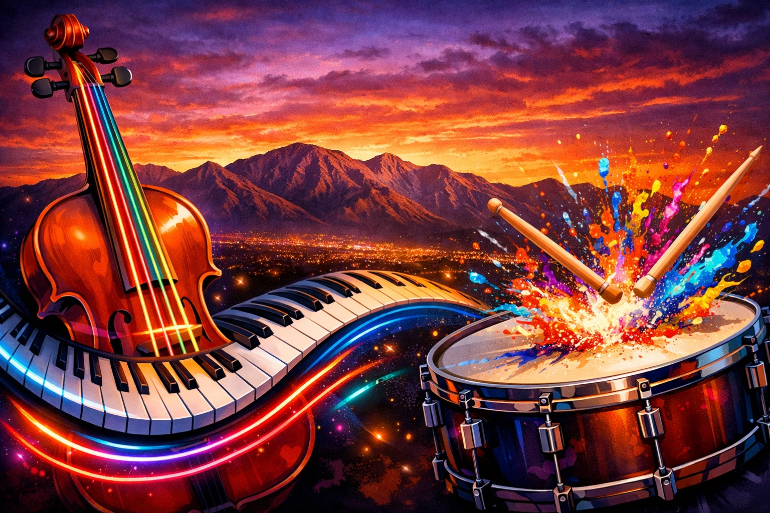 Diverse instruments like piano and violin for lessons at a music school in Ontario, CA with a local mountain sunset.