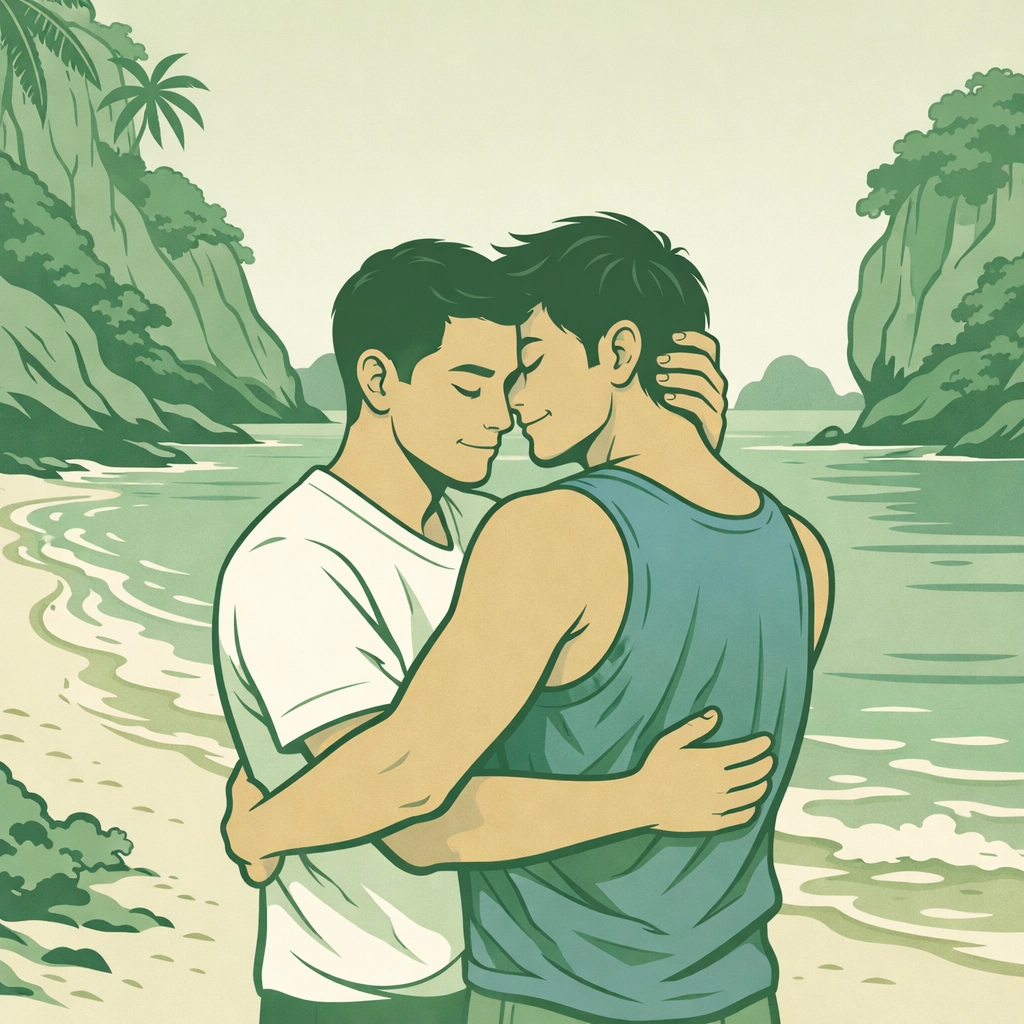 MM couple embracing on secluded Philippine beach - gay romance and freedom