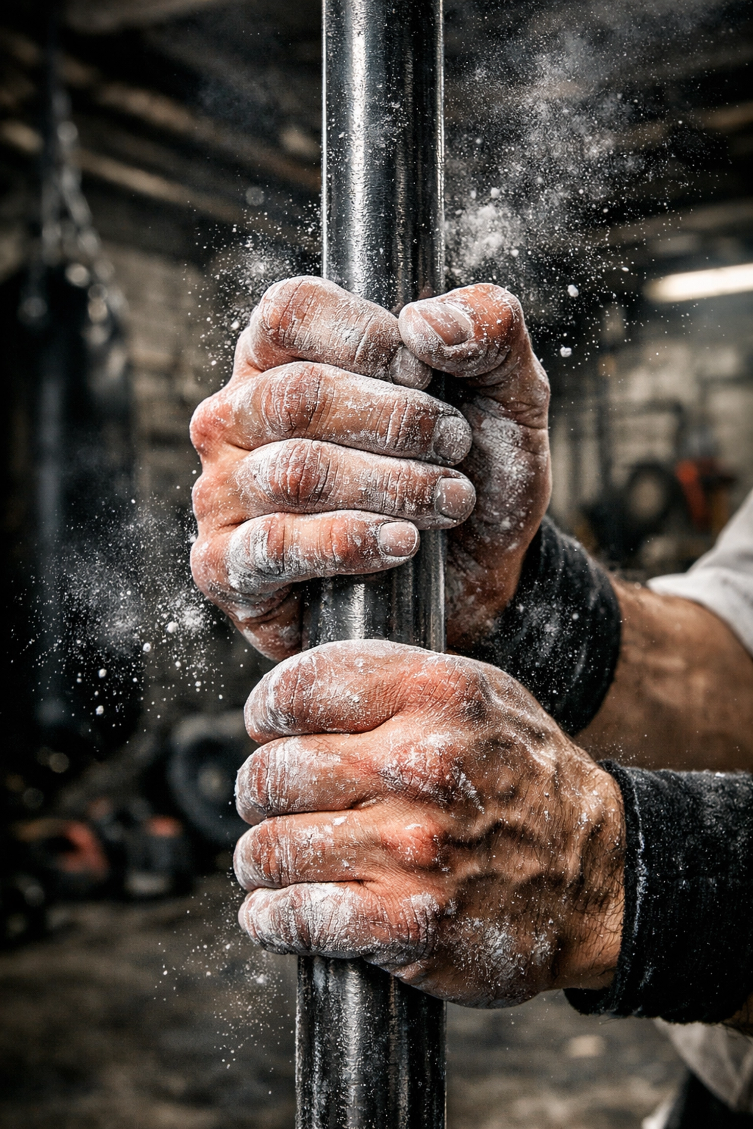 Close-up of chalked hands gripping a vertical bar for a high-intensity no wall damage workout system.
