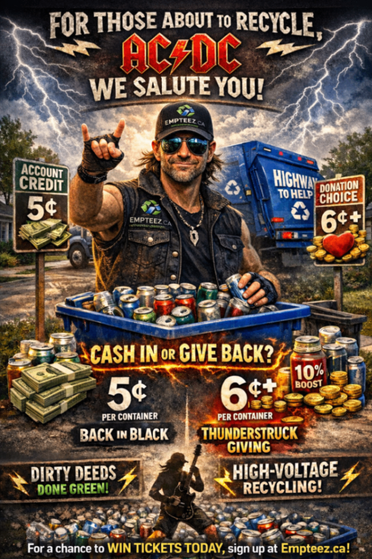 Rock-themed Empteez.ca poster featuring Tim “Can Man” Kemsley with a guitar and “Recycling Rocks!” vibes