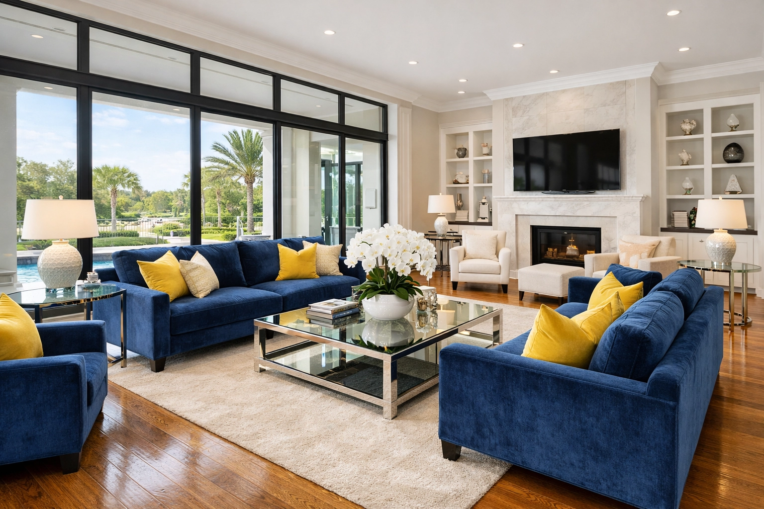 A sunlit Marlborough living room with polished hardwood floors cleaned by a professional deep cleaning service.