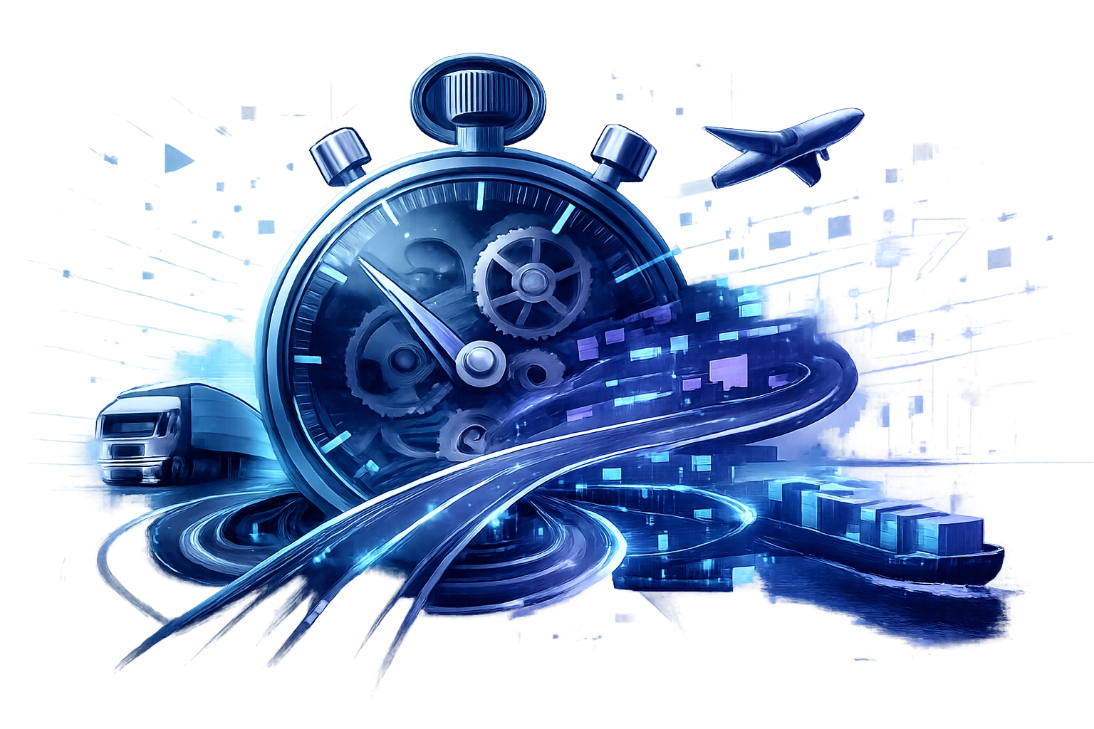 A digital stopwatch and road network illustration representing efficient onboarding at a logistics recruitment agency.