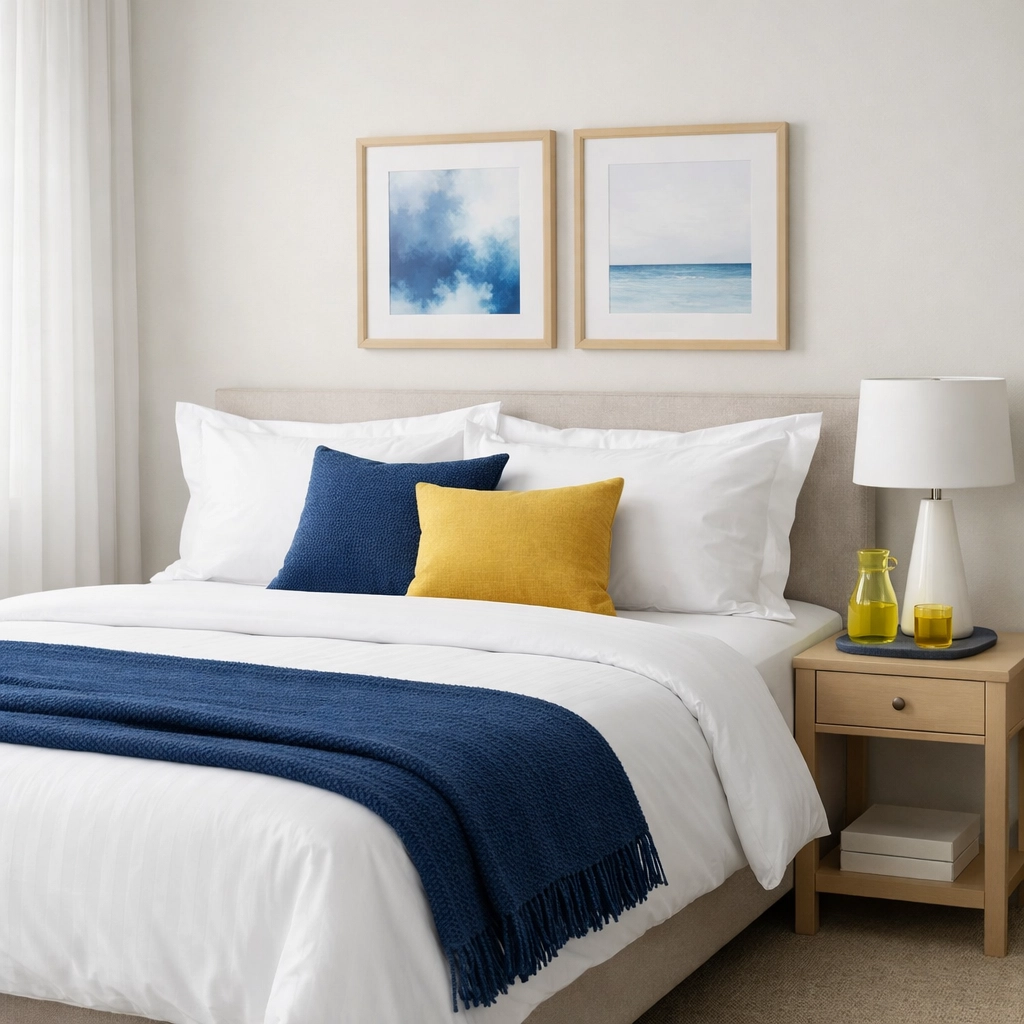Clean guest bedroom in Stow with fresh linens and organized nightstand ready for holiday visitors.