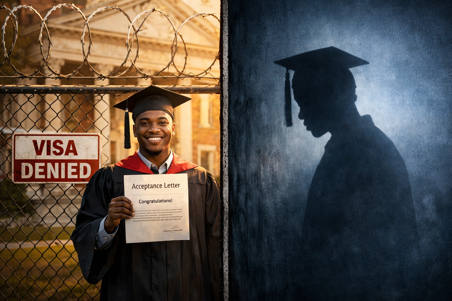 Black student with acceptance letter facing visa restrictions and barriers