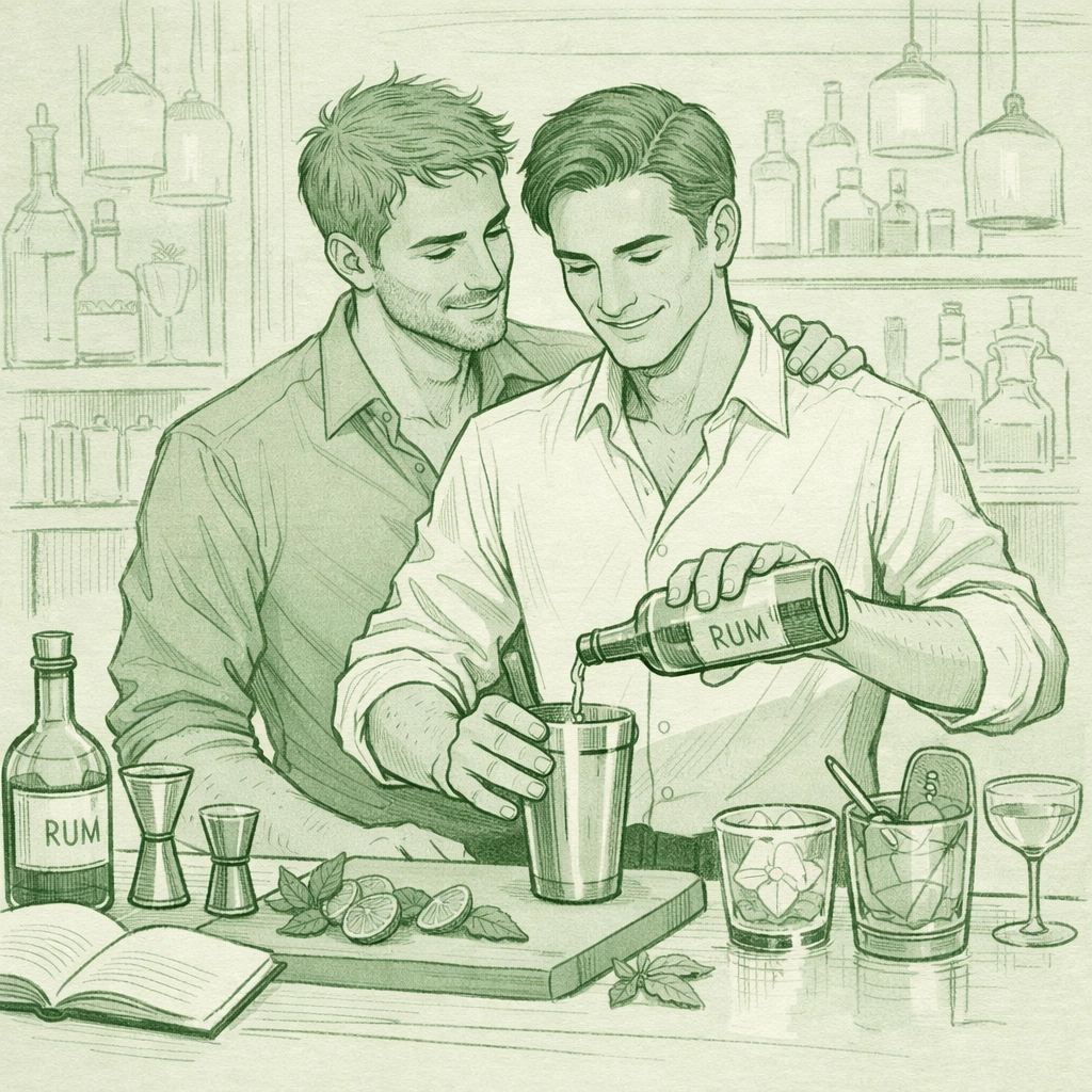 Modern gay couple mixing craft cocktails together - contemporary LGBTQ+ spirits culture