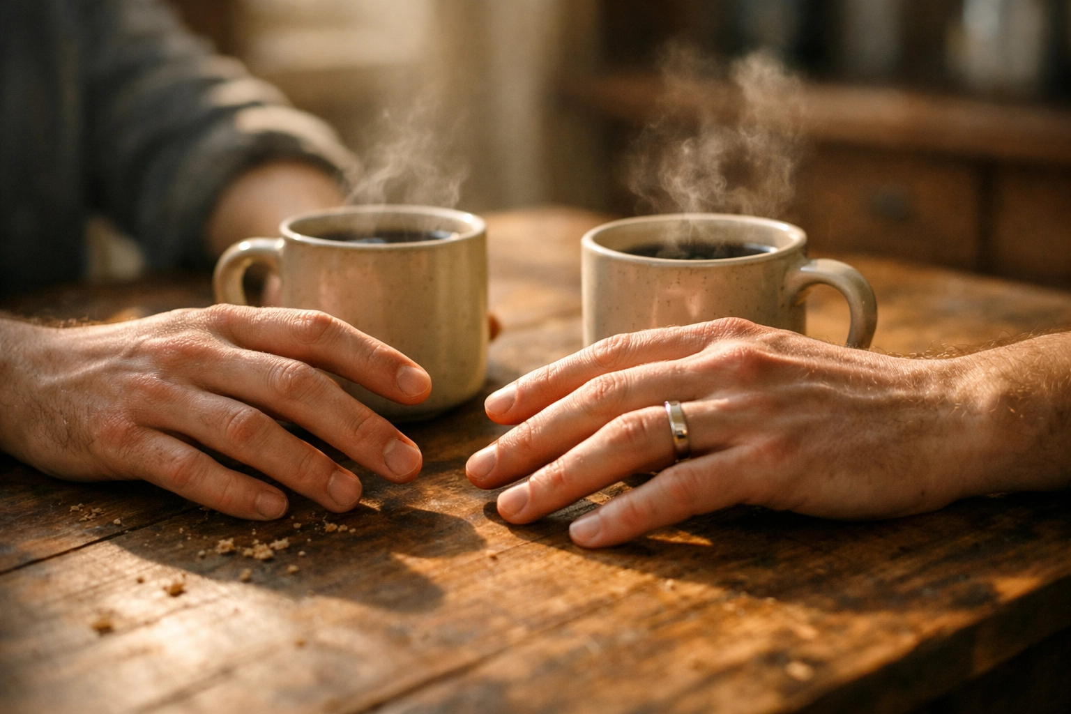 Two men's hands with wedding rings sharing coffee at kitchen table