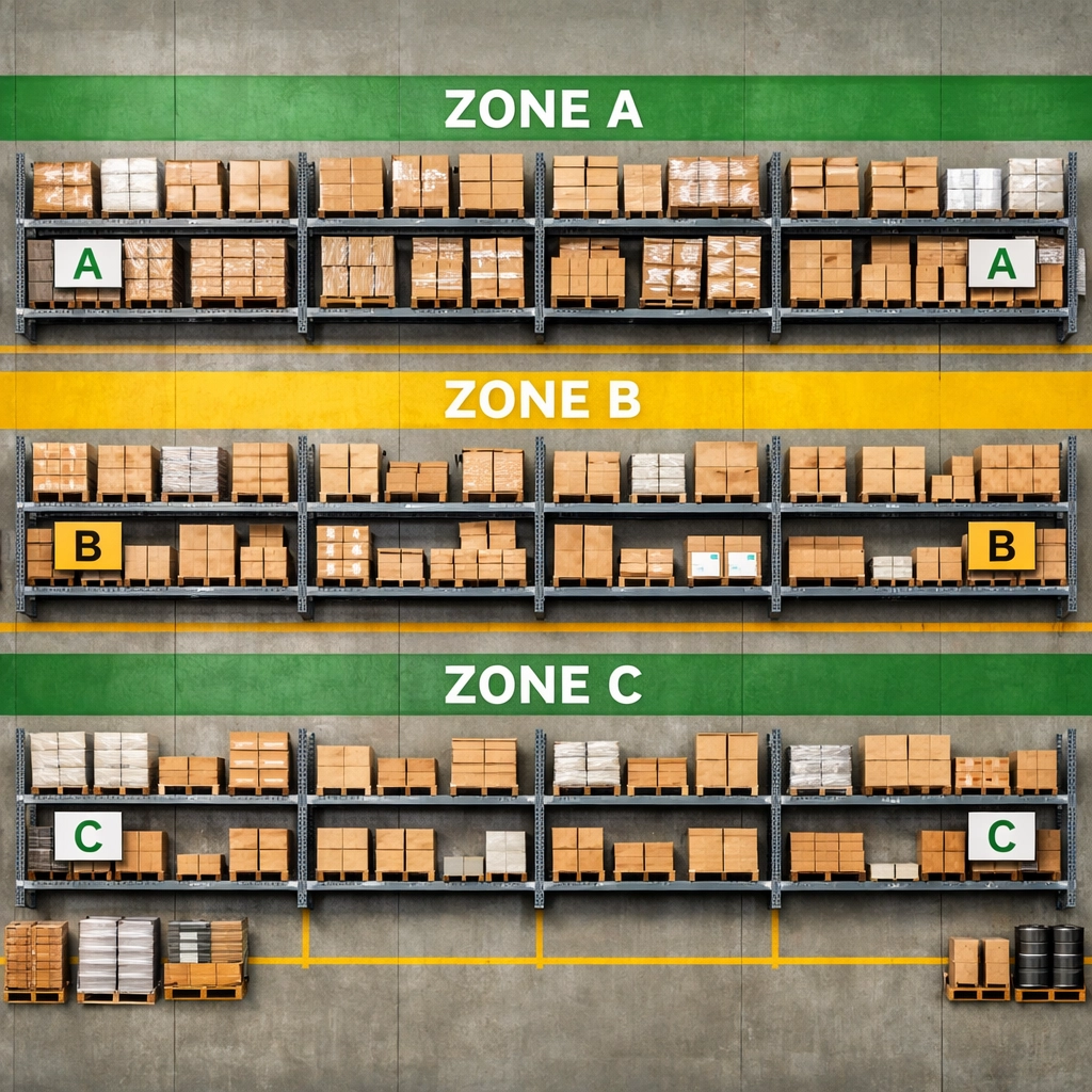Organized warehouse with optimized inventory layout and color-coded storage zones