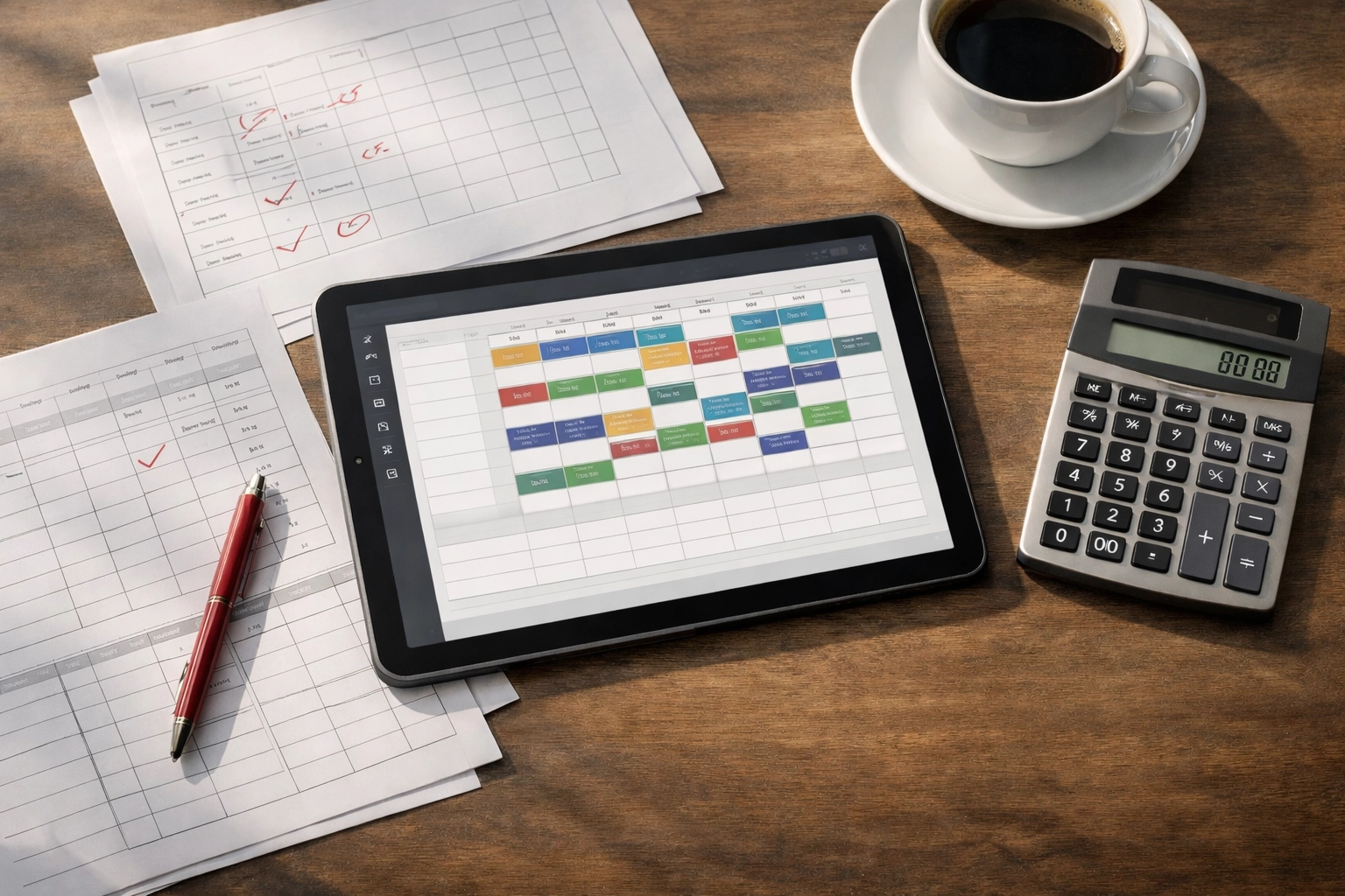 Restaurant manager desk with digital scheduling software and overtime tracking tools