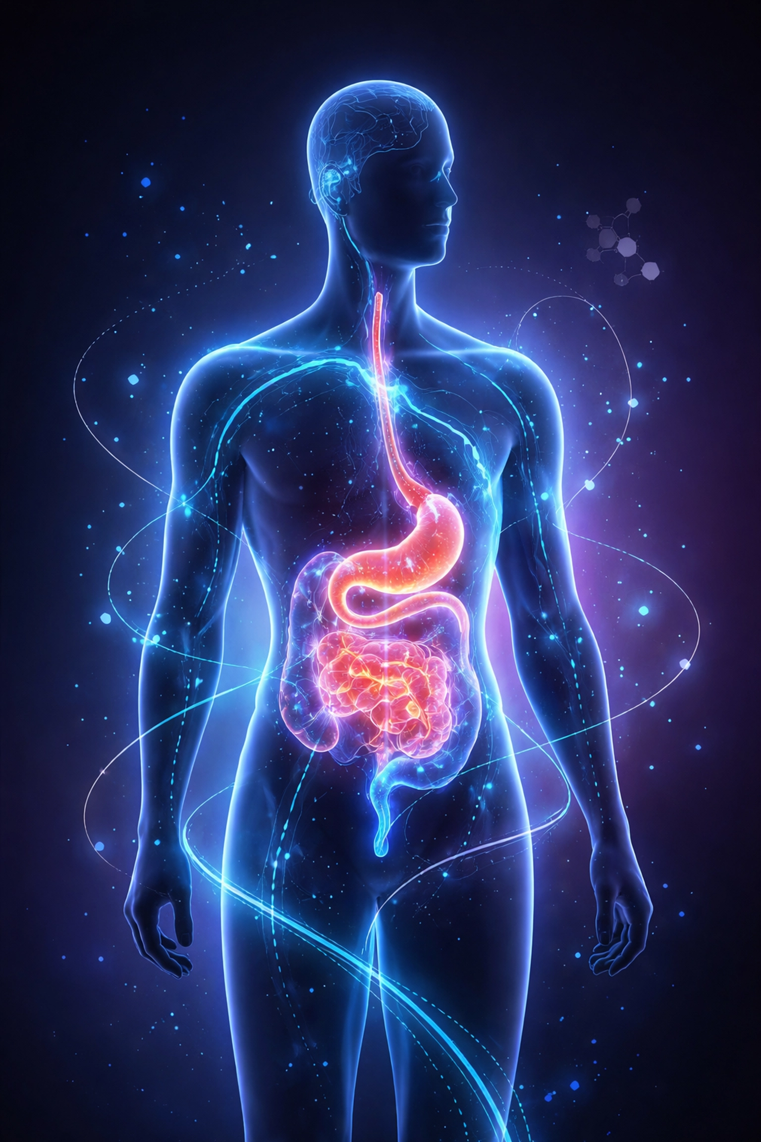 Futuristic representation of employee health improvement with glowing human silhouette and metabolic pathways, linking GLP-1 medication benefits to wellbeing.